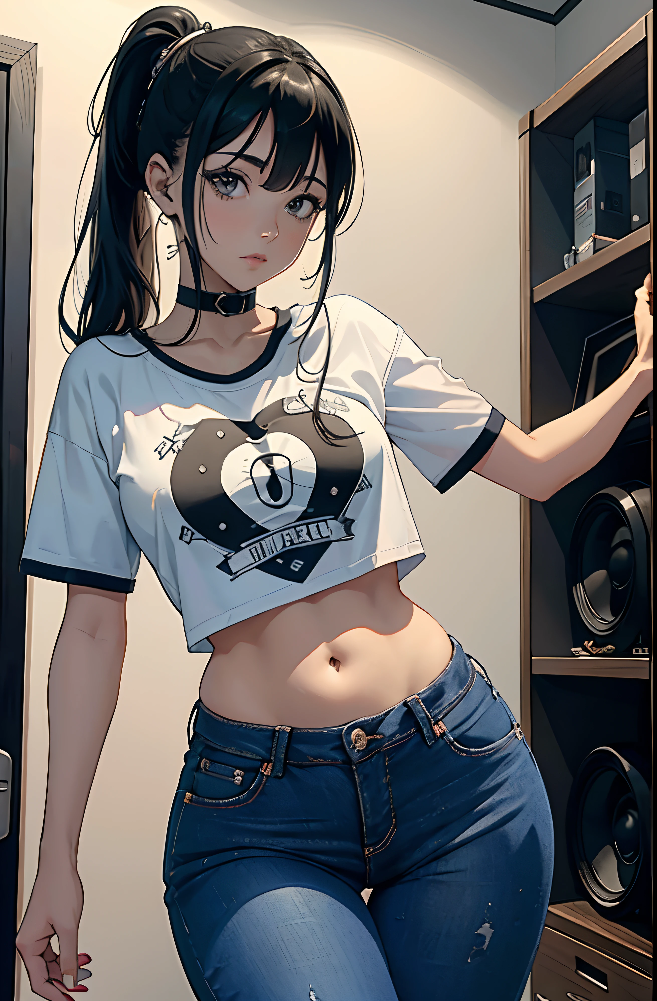 (Hinata Hyuga, muito sensual, com roupas apertadas, bunda grande, pernas grossas, Wearing extremely tight jeans, usando uma mini blusa, umbigo com pirsing, cabelo grande, Speaker behind, muito realista, extremamente sexy, 8k, 8k extremamente detalhado), (um extremamente delicado e bonito), (obra-prima), (melhor qualidade: 1.0), (ultra highres:1.0)