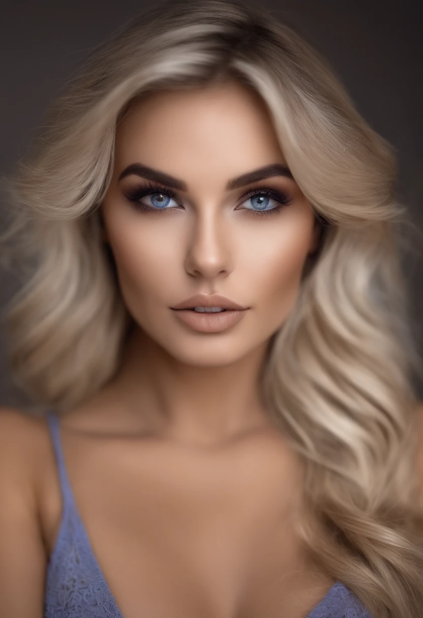 Arafed woman completely , fille sexy aux yeux bleus, ultra realist, Meticulously detailed, cheveux blonds et grands yeux, Selfie d'une jeune femme, Yeux de chambre, Violet Myers, sans maquillage, maquillage naturel, looking straight at camera, Visage avec Artgram, Maquillage subtil, Great photo of the whole body kneeling on the bed, dans la chambre, Buste de grande taille,top model , riche