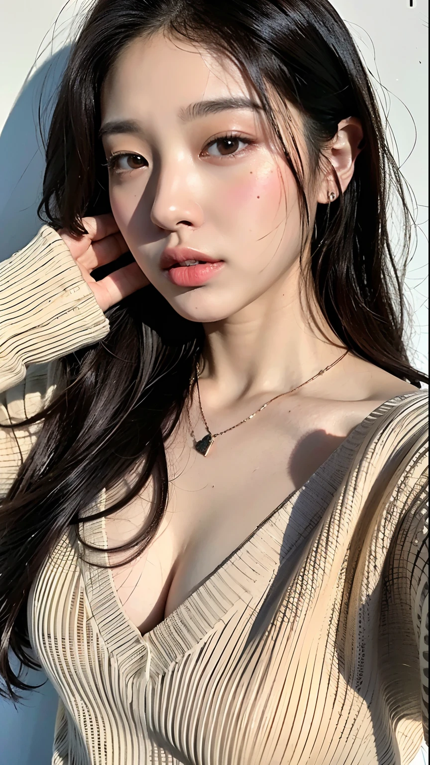 (top-quality、8k、32k、​masterpiece、UHD:1.2)、Pictures of cute Korean women、large full breasts、Korean Layered Hair、A dark-haired、The upper part of the body、sface focus、oversized_sweater、a necklace、Simple concrete background、From  above、looking at the viewers、