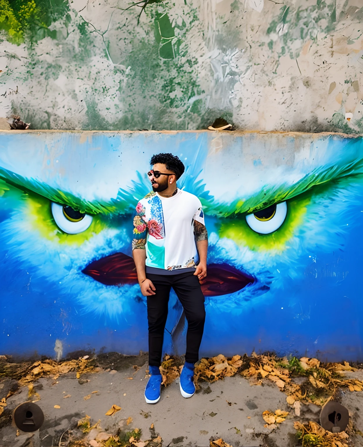 arafed man standing in front of a wall with a painting of an owl, painted on a giant wall, symmetry!! portrait of hades, happy look, menacing look, in a menacing pose, happy eyes, with a cool pose, scary happy pose, graffiti in the background, intimidating stare, very artistic pose, symmetry!! portrait