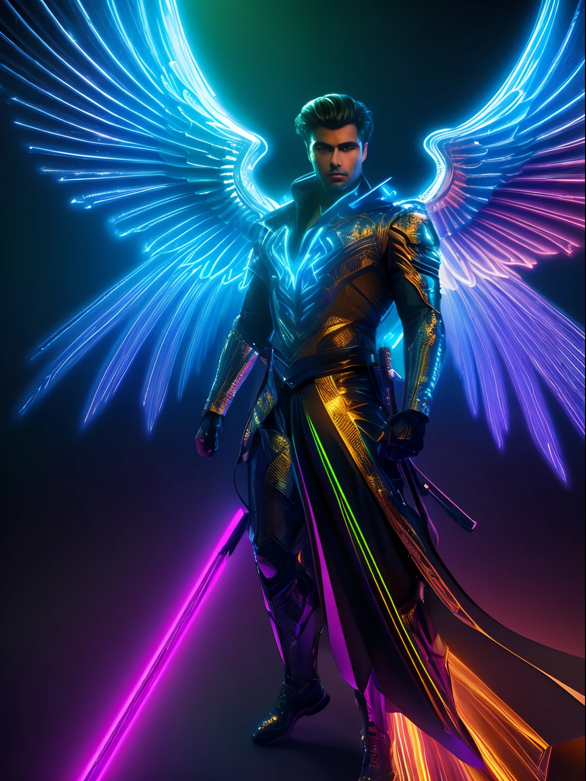 Neon fractal hologram of a handsome archangel, lawrencium lights, dynamic action poses, highly detailed