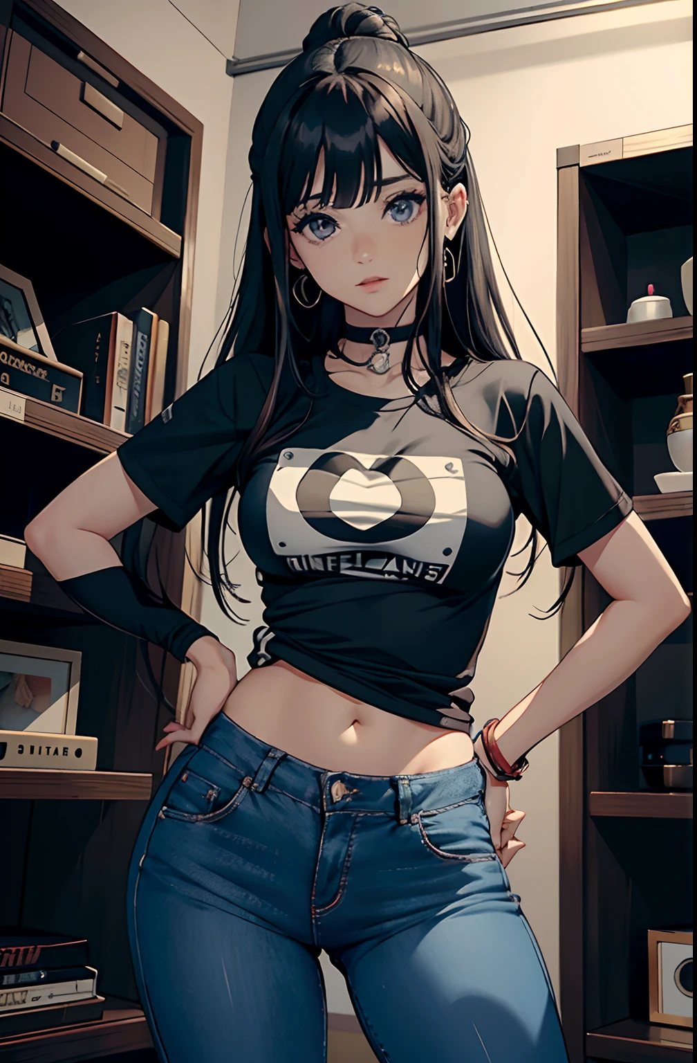 (Hinata Hyuga, muito sensual, com roupas apertadas, bunda grande, pernas grossas, Wearing extremely tight jeans, usando uma mini blusa, umbigo com pirsing, cabelo grande, Speaker behind, muito realista, extremamente sexy, 8k, 8k extremamente detalhado), (um extremamente delicado e bonito), (obra-prima), (melhor qualidade: 1.0), (ultra highres:1.0)