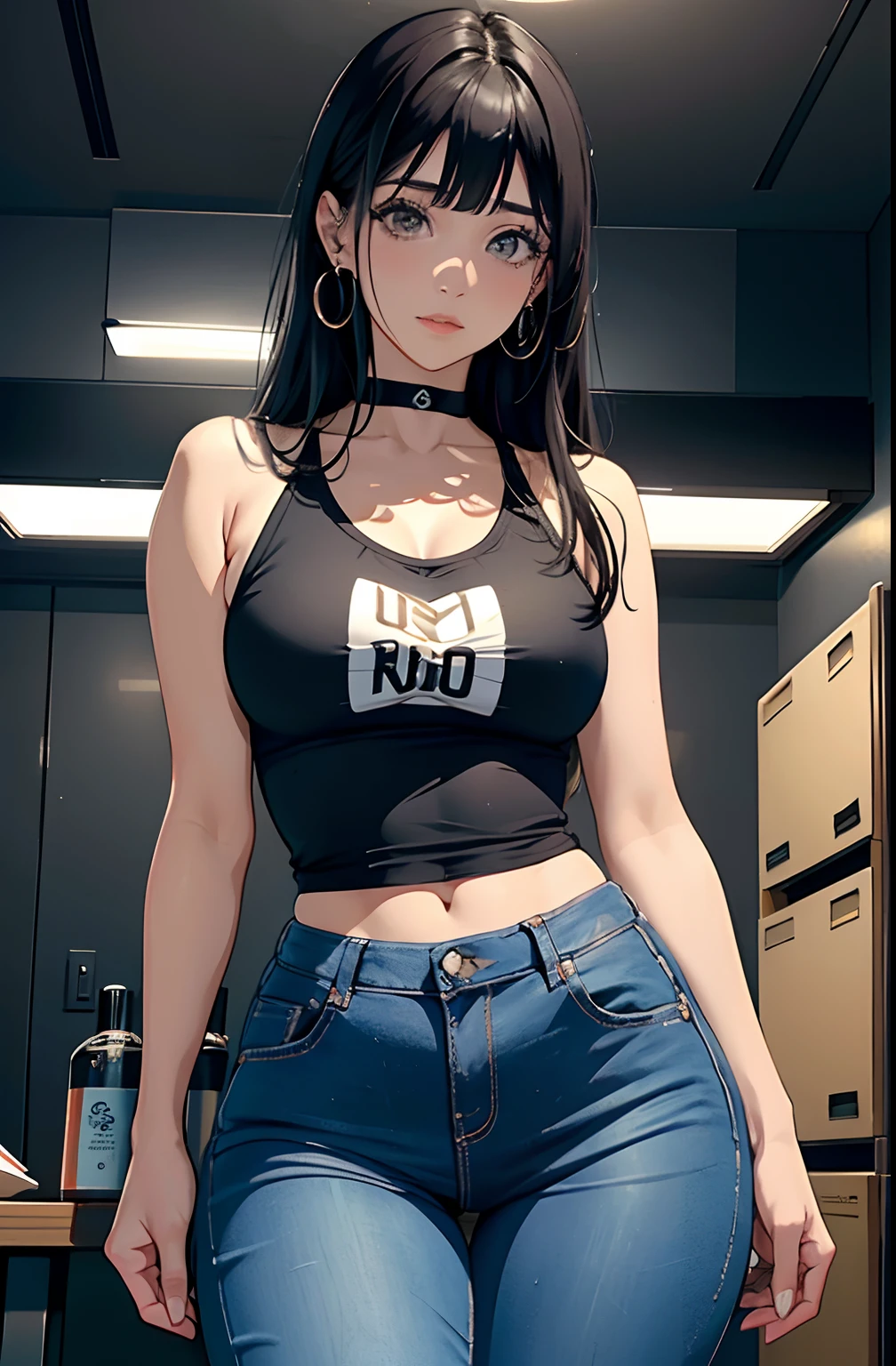 (Hinata Hyuga, muito sensual, com roupas apertadas, bunda grande, pernas grossas, Wearing extremely tight jeans, usando uma mini blusa, umbigo com pirsing, cabelo grande, Speaker behind, muito realista, extremamente ????, 8k, 8k extremamente detalhado), (um extremamente delicado e bonito), (obra-prima), (melhor qualidade: 1.0), (ultra highres:1.0)