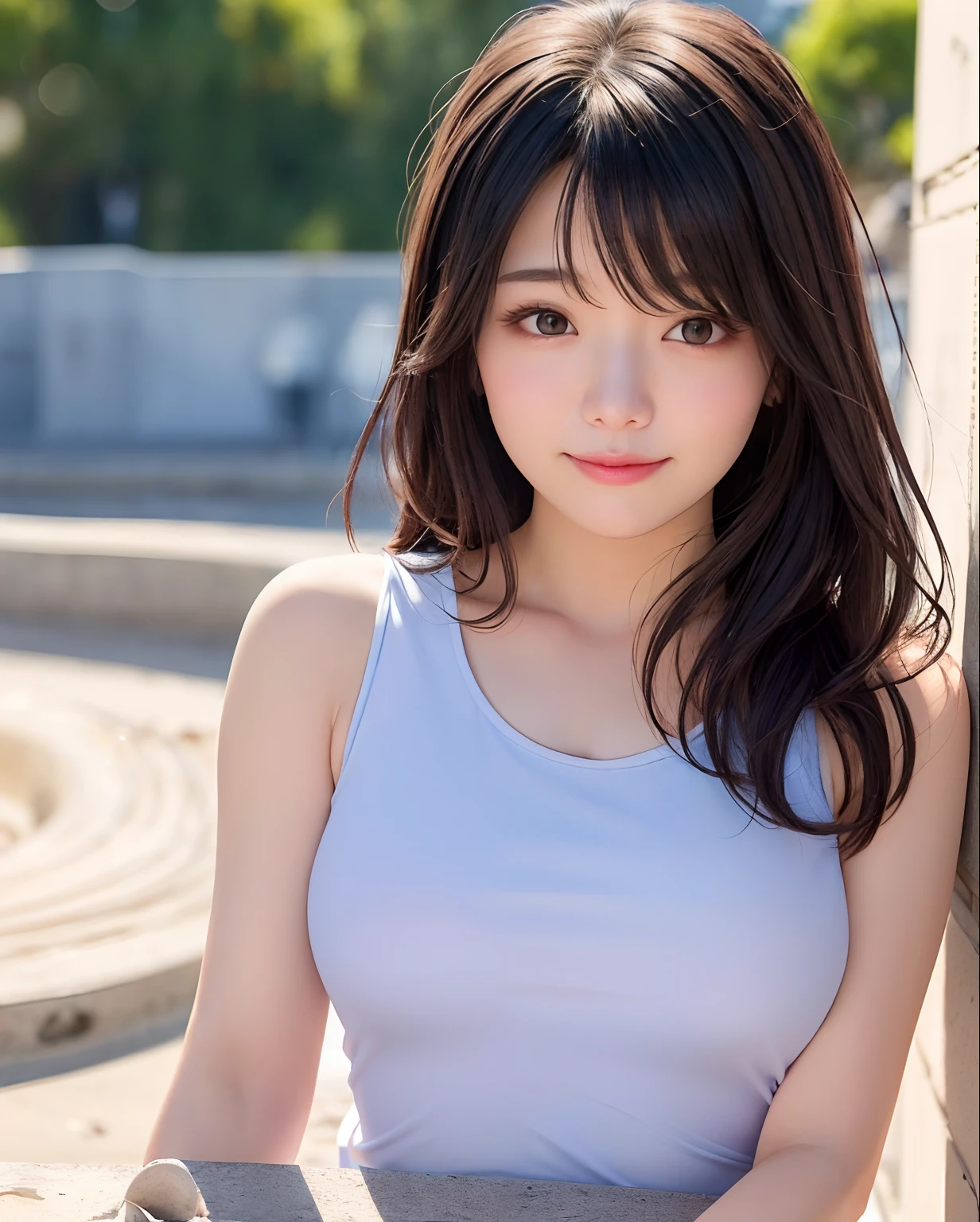 top-quality、Photorealsitic、8K、hight resolution、女の子 1 人、femele、(Dents in the skin)、(portlate:0.6)、a gorgeous、((Background of pouring concrete、Tank Tops、爆乳:1.65))、(long brown hair、Parted bangs:1.4) 、looking at viewert、(One girl's eyes looking at viewer:1.6)、Photorealsitic、(Bokeh)、(a closed mouth、A smile:1.3)、Gorgeous、pureerosface_v1:1、