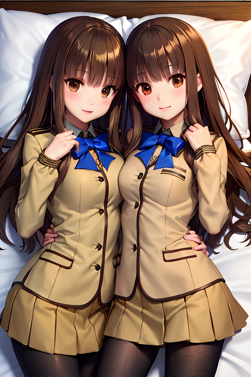 masutepiece, Best Quality, hight resolution, HMKH1, blue bowtie, blue bow, Brown skirt, Brown jacket, Black pantyhose, School uniform, Cowboy Shot, a 、((self lift))、bedroom、on the beds、sleep on one's back