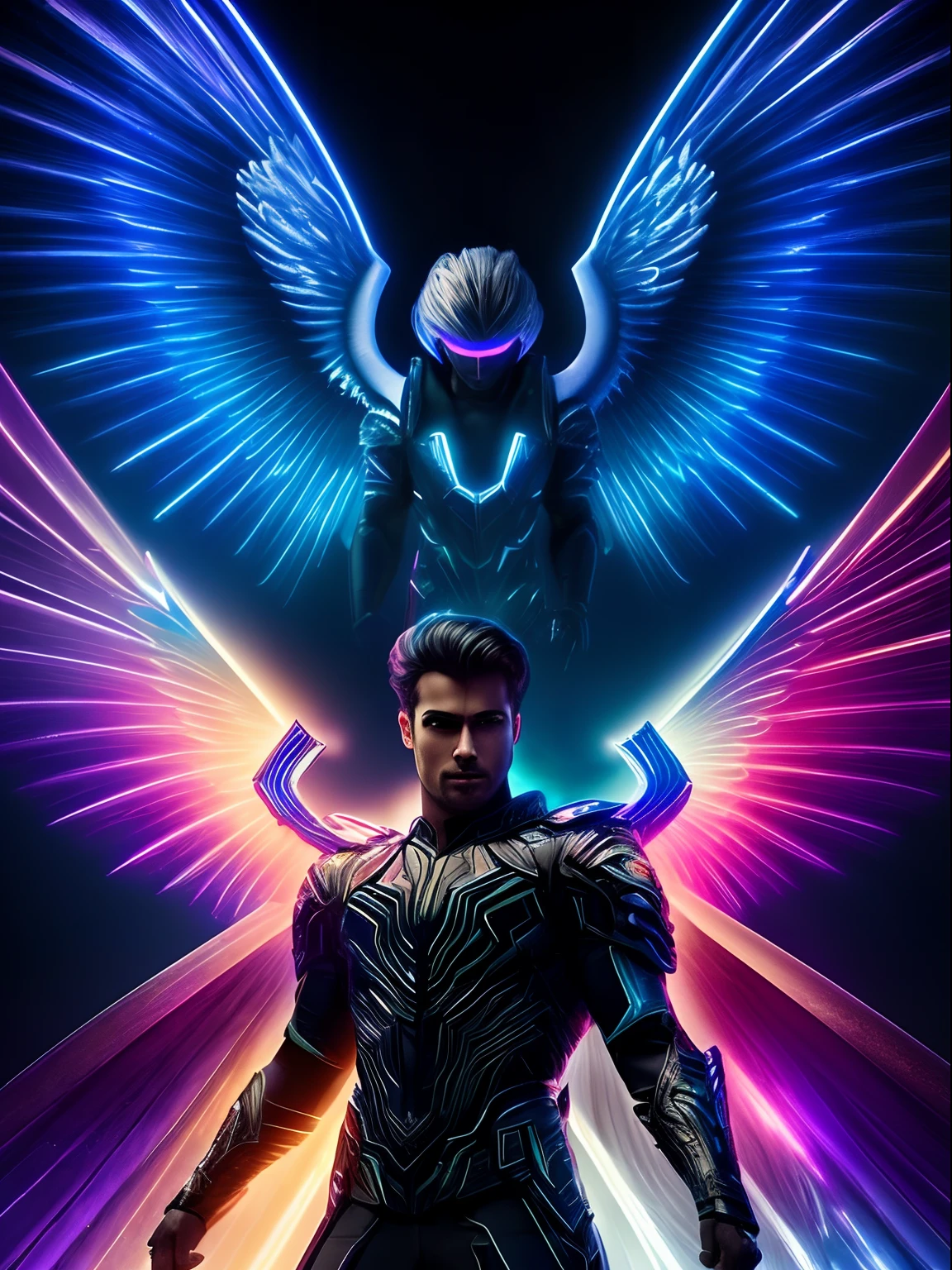 Neon fractal hologram of a handsome archangel, lawrencium lights, dynamic action poses, highly detailed