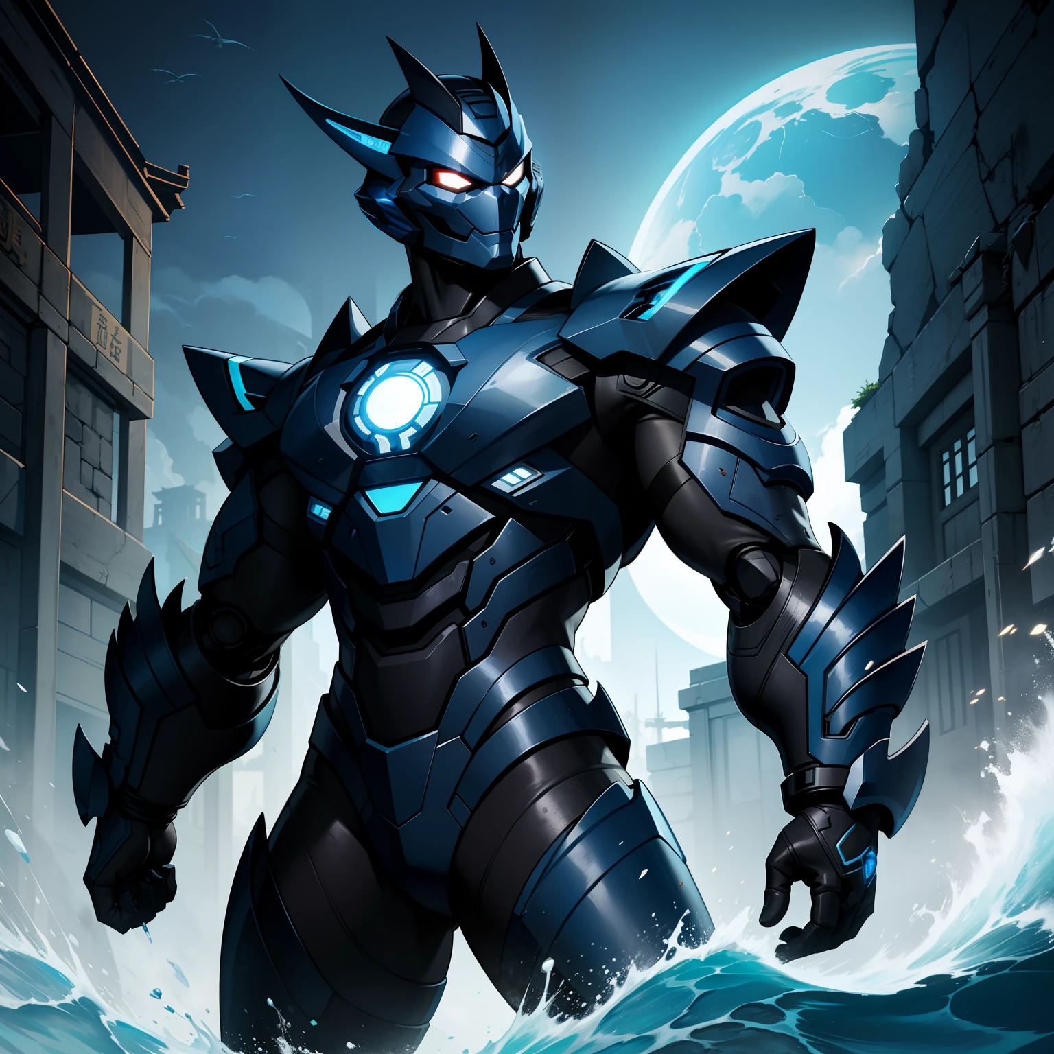 A creature of Chinese sturgeon combined with humans,Fishhead robot,Cyborgs,Strong male body,The texture of the details。Dark blue white appearance。The background is the ancient ruins of the deep sea
