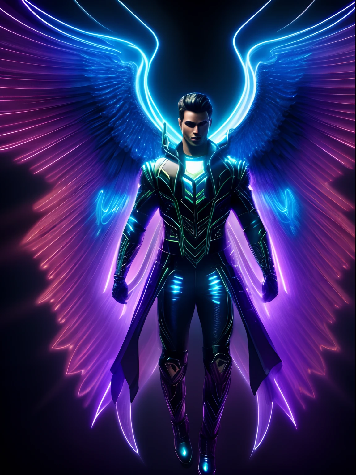 Neon fractal hologram of a handsome archangel, lawrencium lights, dynamic action poses, highly detailed