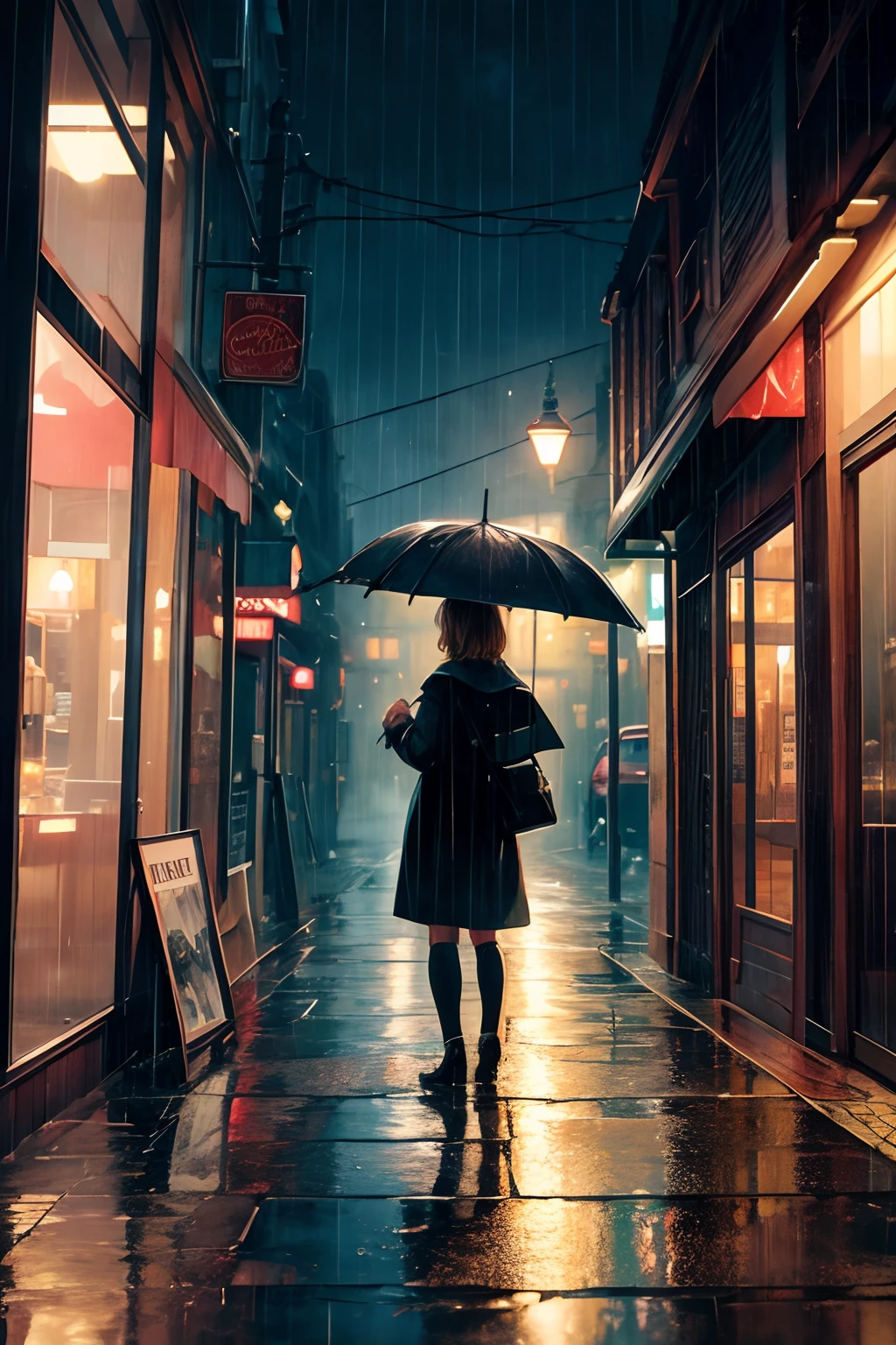 ((4k, detailed, oil painting)), nostalgic colors, soft lighting, rainy day, cozy atmosphere, cafe on city street, rainy reflections,  steam rising from coffee, urban vibes, vintage charm, rainy evening, rainy ambiance, brick walls, indoor seating, glass door, rainy cityscape, wet pavement, misty windows, warm glow, inviting aroma, blurred lights, rainy urban scene, vintage aesthetic