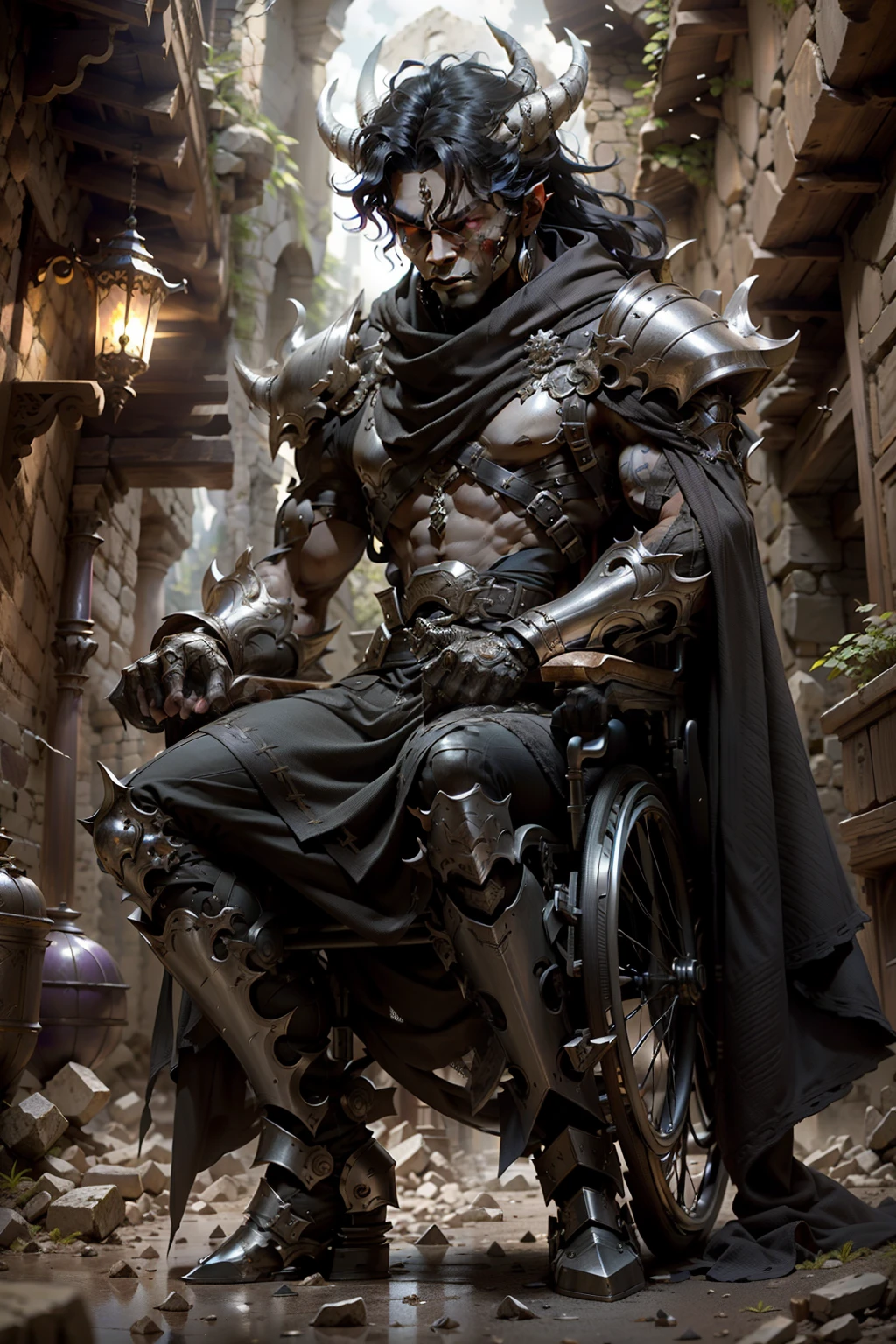 demon, male, purple eyes, black hair, black horns, gray skin, serious face, silver armor, is in a wheelchair, silver wheelchair, He is in the ruins of a castle, Full body appears, details items, A skill image that demonstrates dynamic effects.