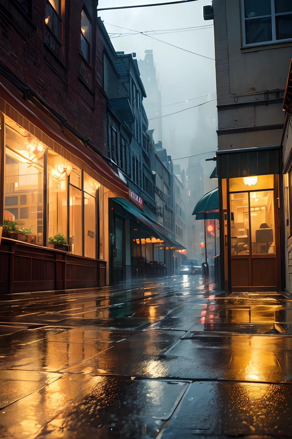 ((4k, detailed, oil painting)), nostalgic colors, soft lighting, rainy day, cozy atmosphere, cafe on city street, rainy reflections, steam rising from coffee, urban vibes, vintage charm, rainy evening, rainy ambiance, brick walls, indoor seating, glass door, rainy cityscape, wet pavement, misty windows, warm glow, inviting aroma, blurred lights, rainy urban scene, vintage aesthetic