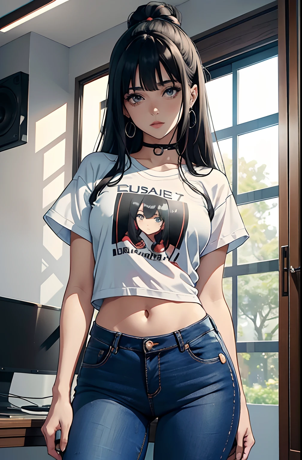 (Hinata Hyuga, muito sensual, com roupas apertadas, bunda grande, pernas grossas, Wearing extremely tight jeans, usando uma mini blusa, umbigo com pirsing, cabelo grande, Speaker behind, muito realista, extremamente sexy, 8k, 8k extremamente detalhado), (um extremamente delicado e bonito), (obra-prima), (melhor qualidade: 1.0), (ultra highres:1.0)