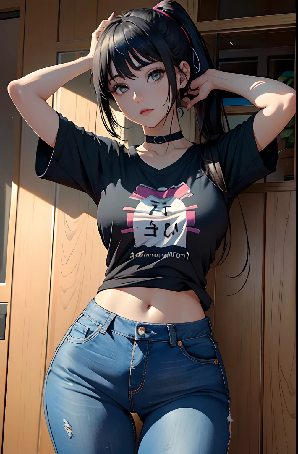 (Hinata Hyuga, muito sensual, com roupas apertadas, bunda grande, pernas grossas, Wearing extremely tight jeans, usando uma mini blusa, umbigo com pirsing, cabelo grande, Speaker behind, muito realista, extremamente ????, 8k, 8k extremamente detalhado), (um extremamente delicado e bonito), (obra-prima), (melhor qualidade: 1.0), (ultra highres:1.0)