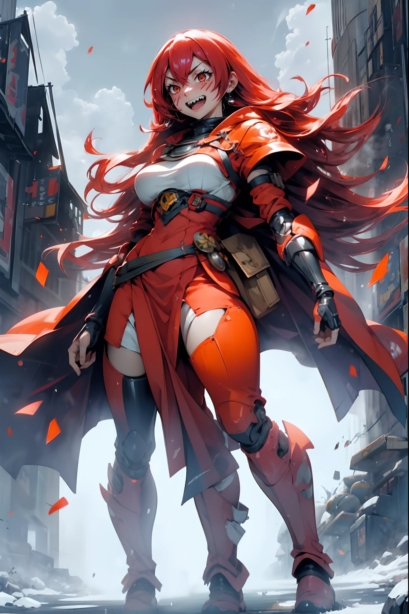 (best quality,4k,8k,highres,masterpiece:1.2),ultra-detailed,1.37),red hair, orange eyes, adventurer clothing, big breasts, smiling face, facial mark, long flowing hair, standing alone, full body view, boots, sharp teeth, tundra snow, ruined temples, lava, oil painting, mystical atmosphere, warm color tones, dramatic lighting