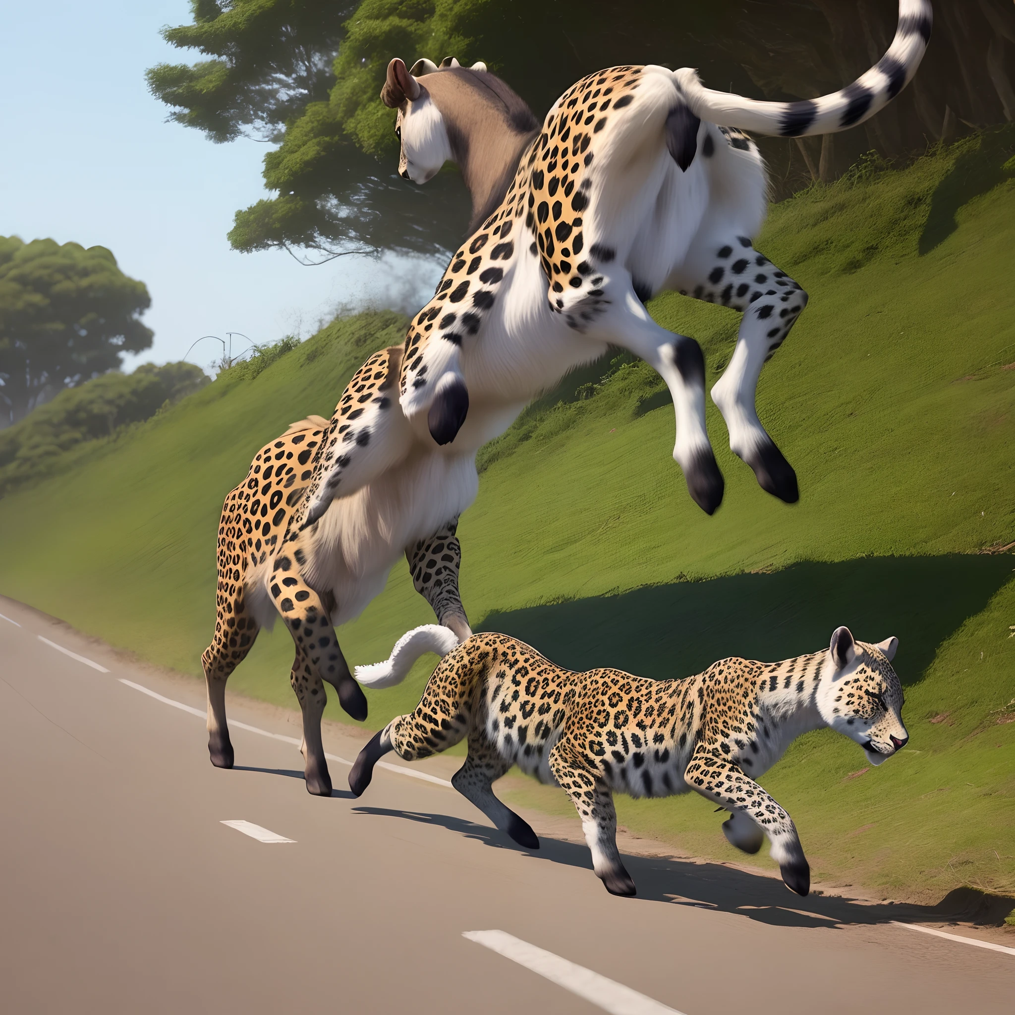 Um leopardo correndo atras de uma cabra