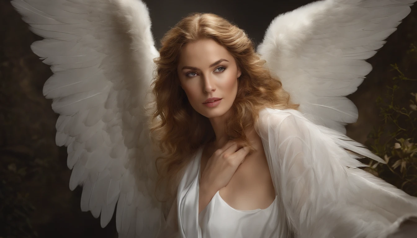 photo realistic woman, woman brown eyes, brown hair, ultrahd, surrealistic style, angel, detailed face