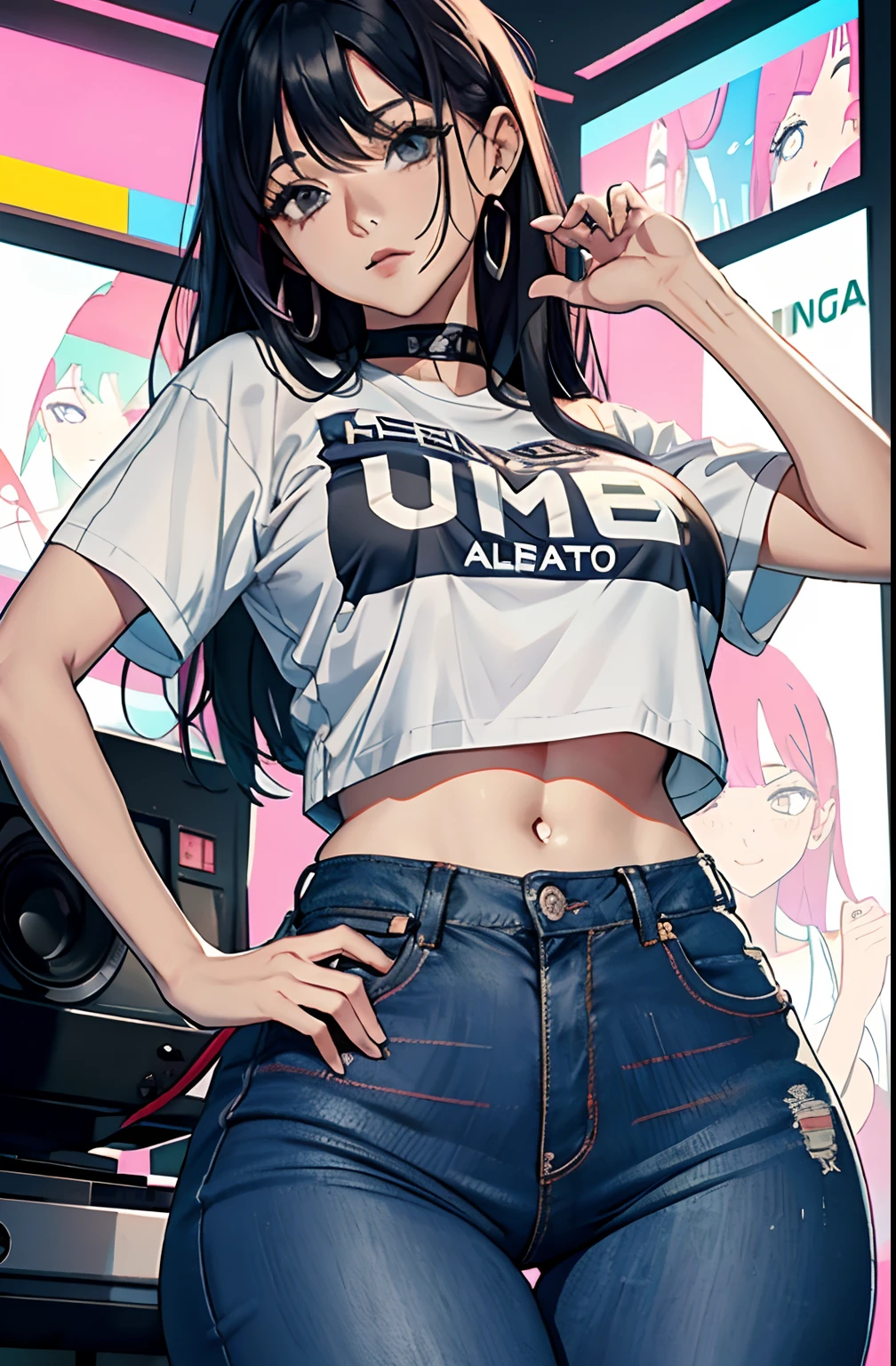 (Hinata Hyuga, muito sensual, com roupas apertadas, bunda grande, pernas grossas, Wearing extremely tight jeans, usando uma mini blusa, umbigo com pirsing, cabelo grande, Speaker behind, muito realista, extremamente sexy, 8k, 8k extremamente detalhado), (um extremamente delicado e bonito), (obra-prima), (melhor qualidade: 1.0), (ultra highres:1.0)