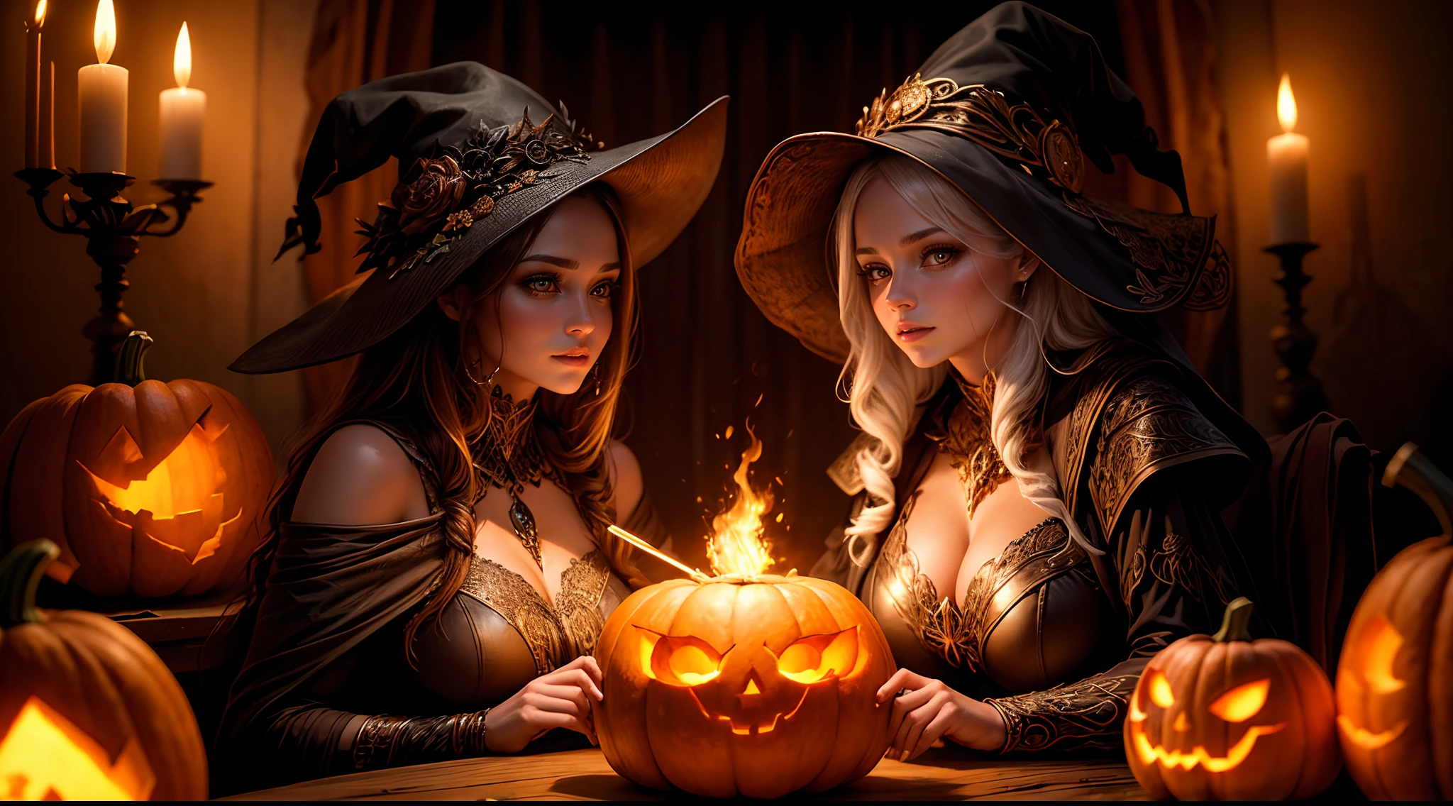 "A close-up photograph of a pumpkin carved with a sorceress's image, dramatically lit by a torch, with a focus on the intricacies of the carving. High-resolution, crisp, intricate, captivating."