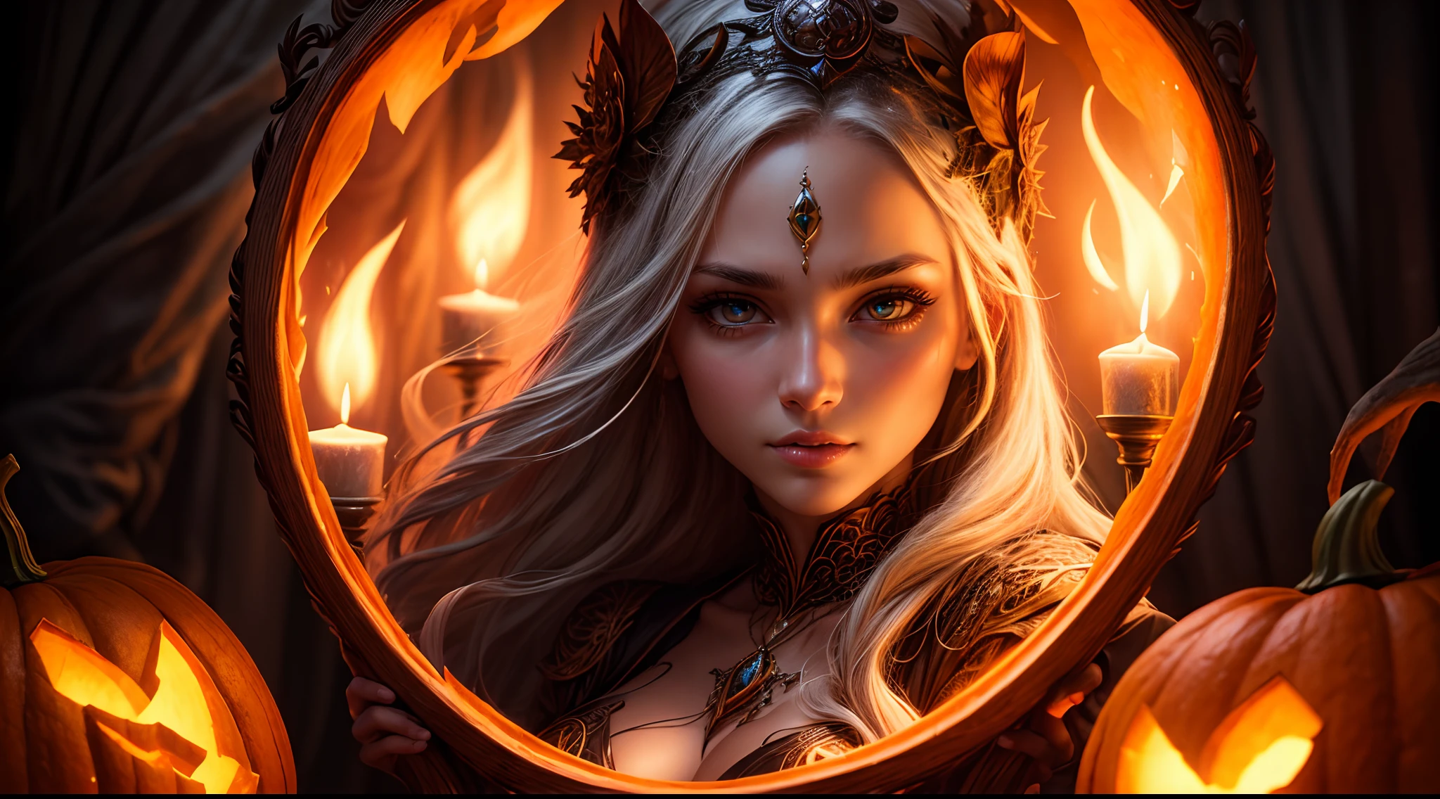 "A close-up photograph of a pumpkin carved with a sorceress's image, dramatically lit by a torch, with a focus on the intricacies of the carving. High-resolution, crisp, intricate, captivating."