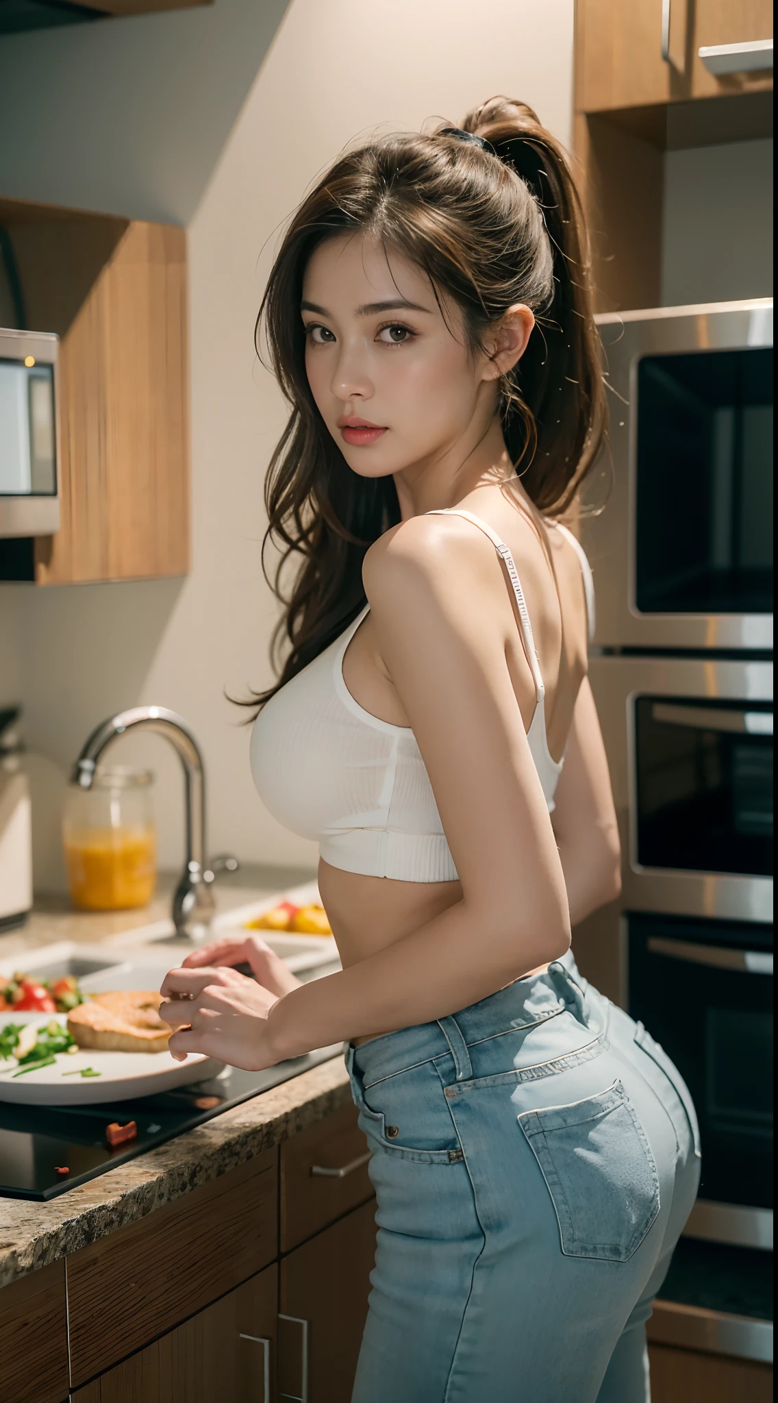 very beautifull girl. super cute face. 25 years old girl. (RAW photo, 4k, masterpiece, high res, extremely intricate) (photorealistic:1.4), dark cinematic dark lighting, sexy pose, sexy casual outfit. low light. long hair. brown hair. wavy ponytail hair. big boobs. sagging boobs.
1girl, solo focus, summer noon, hot, 1990s \(style\),cowboy shot, in the kitchen. luxurious kitchen set. expensive cooking equipment. cooking. microwave. glass. refrigerator. dishwaaher. plate. wok. stove.