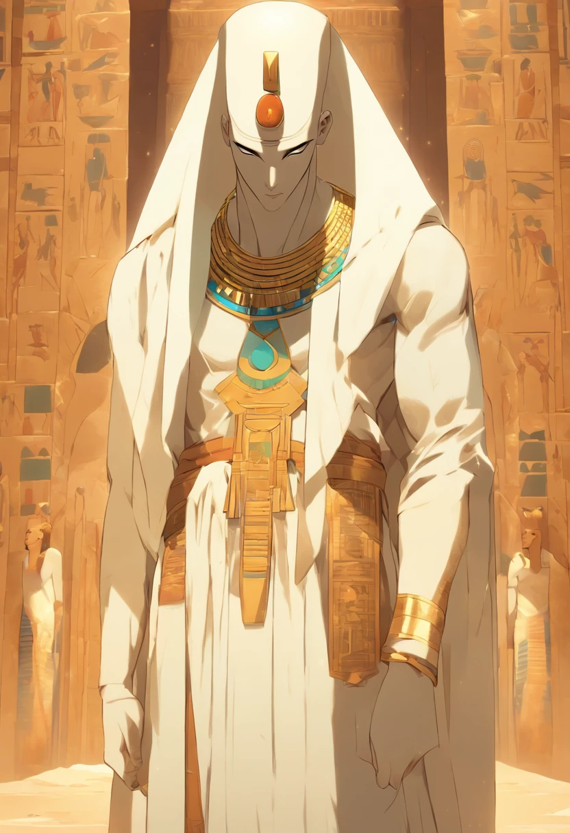 (((bald Ptah)) best quality, very high resolution, 4K detailed CG, masterpiece, Egyptian mythology,Ptah,sunlight,craftsman god, Ancient Egypt, standing pose, white robe, Egyptian clothing, desert, pyramid ,Ancient Egypt, ((bald man)), aesthetic, beautiful image, centered on screen, standing pose