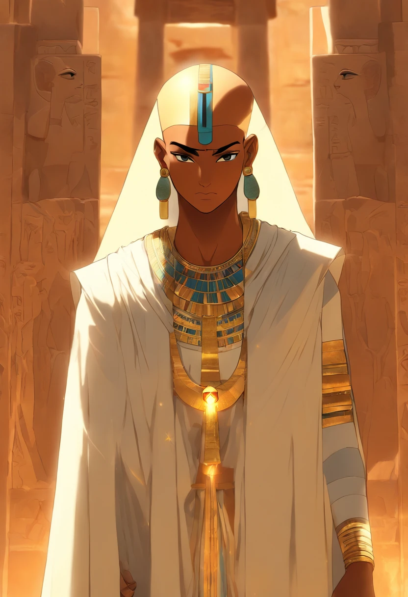 (((bald Ptah)) best quality, very high resolution, 4K detailed CG, masterpiece, Egyptian mythology,Ptah,sunlight,craftsman god, Ancient Egypt, standing pose, white robe, Egyptian clothing, desert, pyramid ,Ancient Egypt, ((bald man)), aesthetic, beautiful image, centered on screen, standing pose
