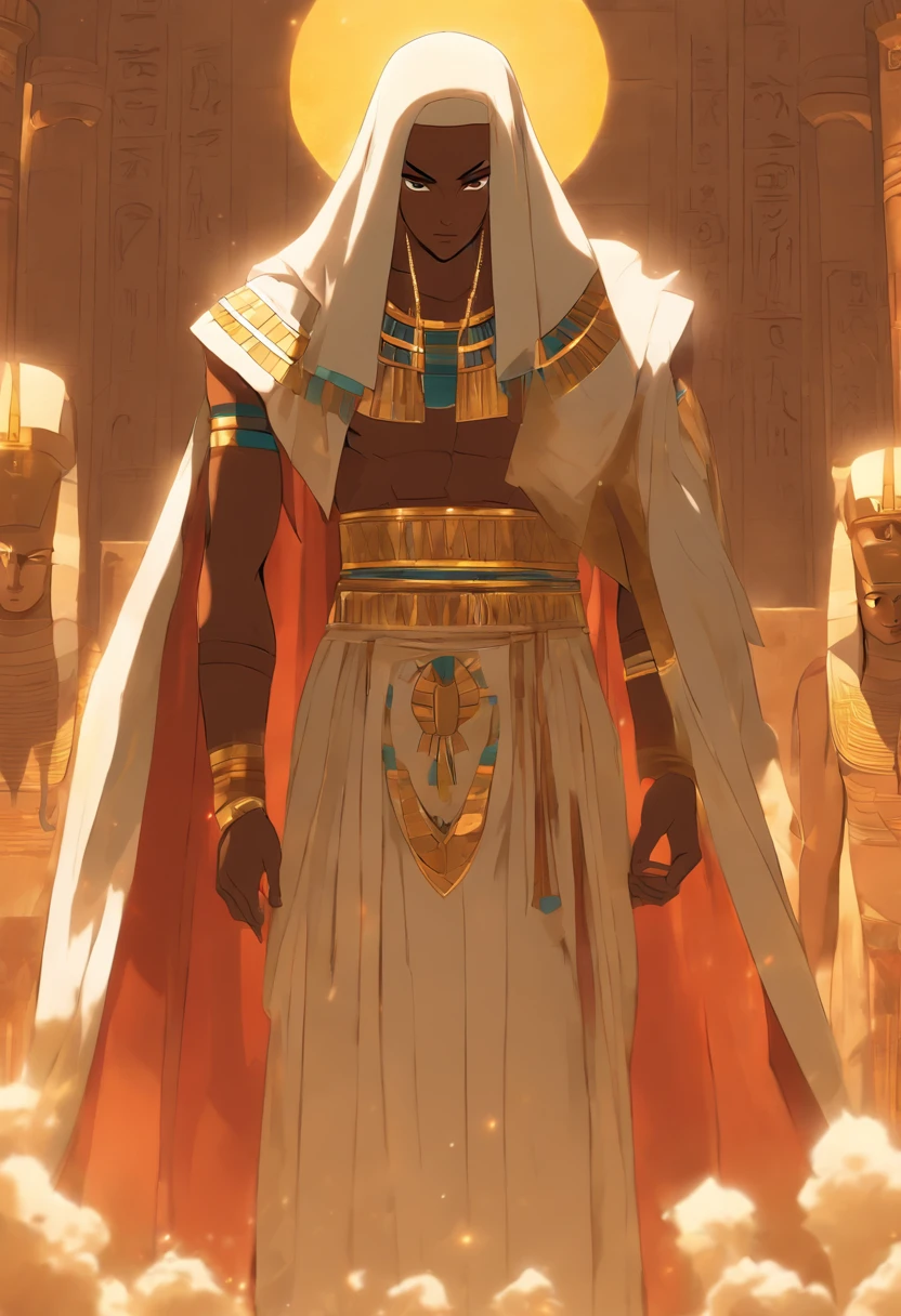 (((bald Ptah)) best quality, very high resolution, 4K detailed CG, masterpiece, Egyptian mythology,Ptah,sunlight,craftsman god, Ancient Egypt, standing pose, white robe, Egyptian clothing, desert, pyramid ,Ancient Egypt, ((bald man)), aesthetic, beautiful image, centered on screen, standing pose
