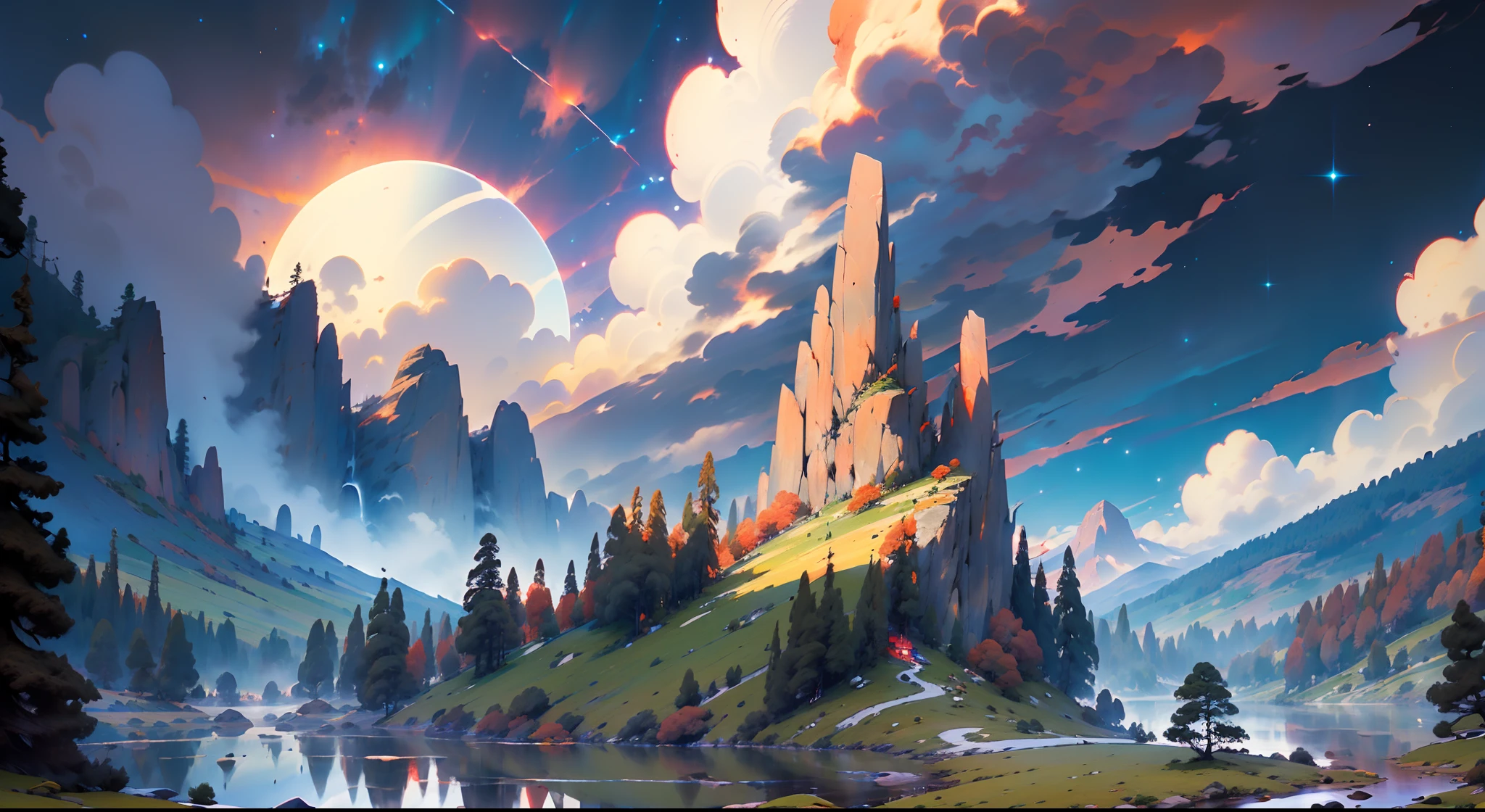 ((Perfect Quality)), (A giant mountain with a round hole in the center), Sunset in the background, Red clouds, Small lake in the foreground, ((Stone dust in the air)),