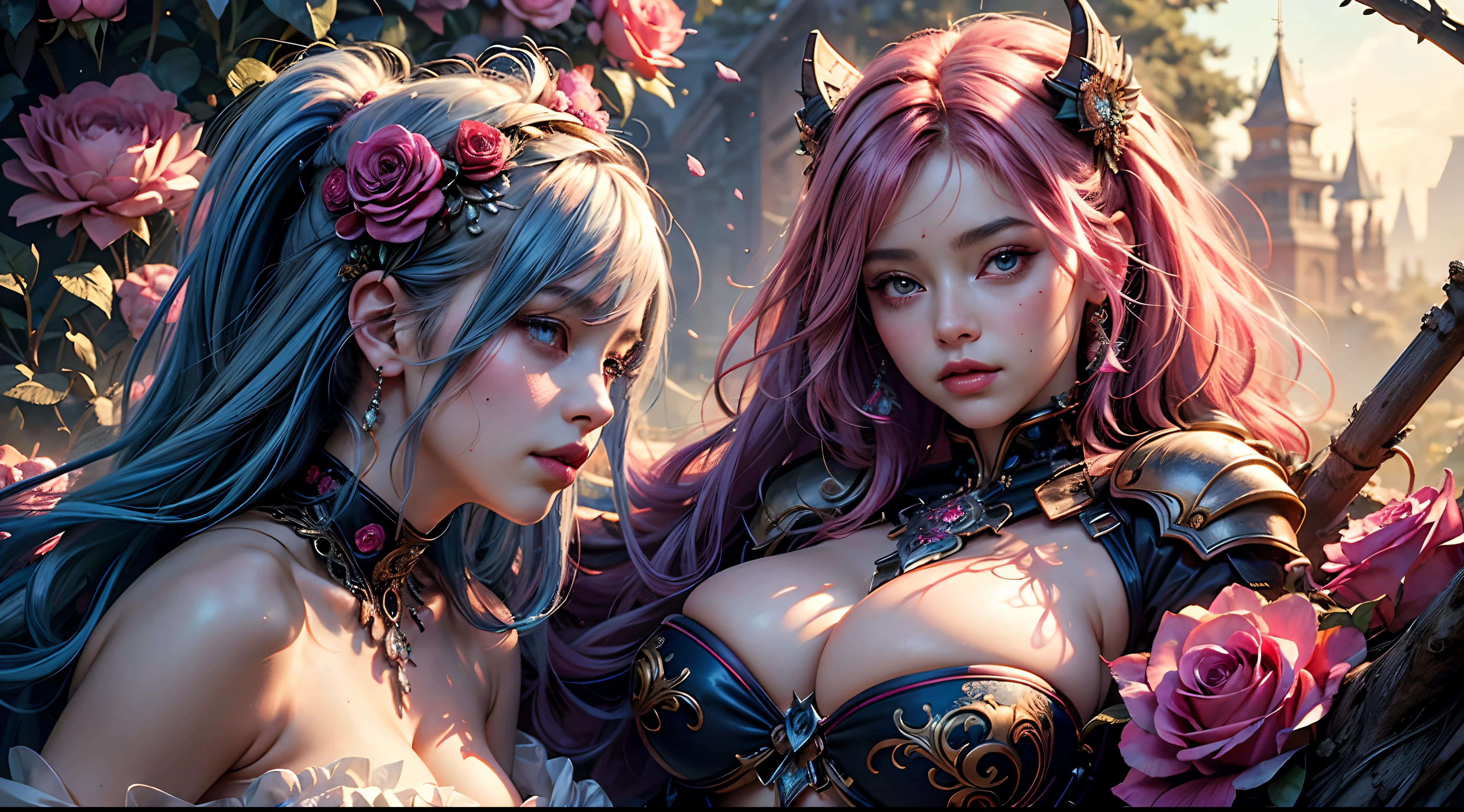 (masterpiece, top quality, best quality, official art, beautiful and aesthetic:1.2), (1girl), extreme detailed,(fractal art:1.3), ((1girl)), highest detailed, highly detailed, seductive erotic female is sweating, boobs covered in rose pedals, (busty, pink/blue hair), centered on the face, face focused, intricate eyes,