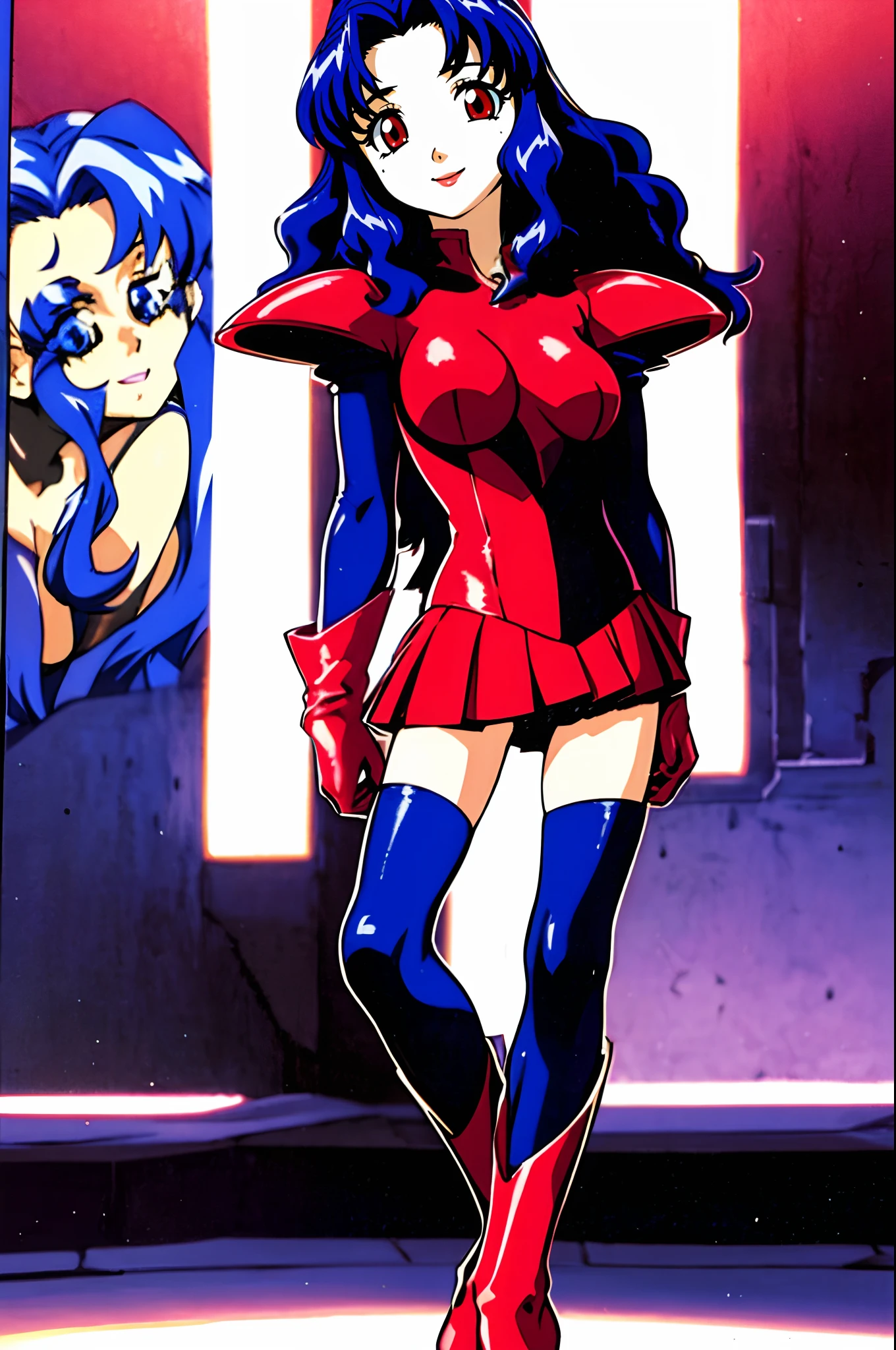 leotard, calm facial exprecion, blue hair, red eye, leotard, big shoulders, sleeves, medium breast, boots, long hair, skirt, smile, half lips stic inferion lip, red lipstic, long hair, messy hair, smile, ong hair, standing solo, full body, boots,, body suit, mini skirt