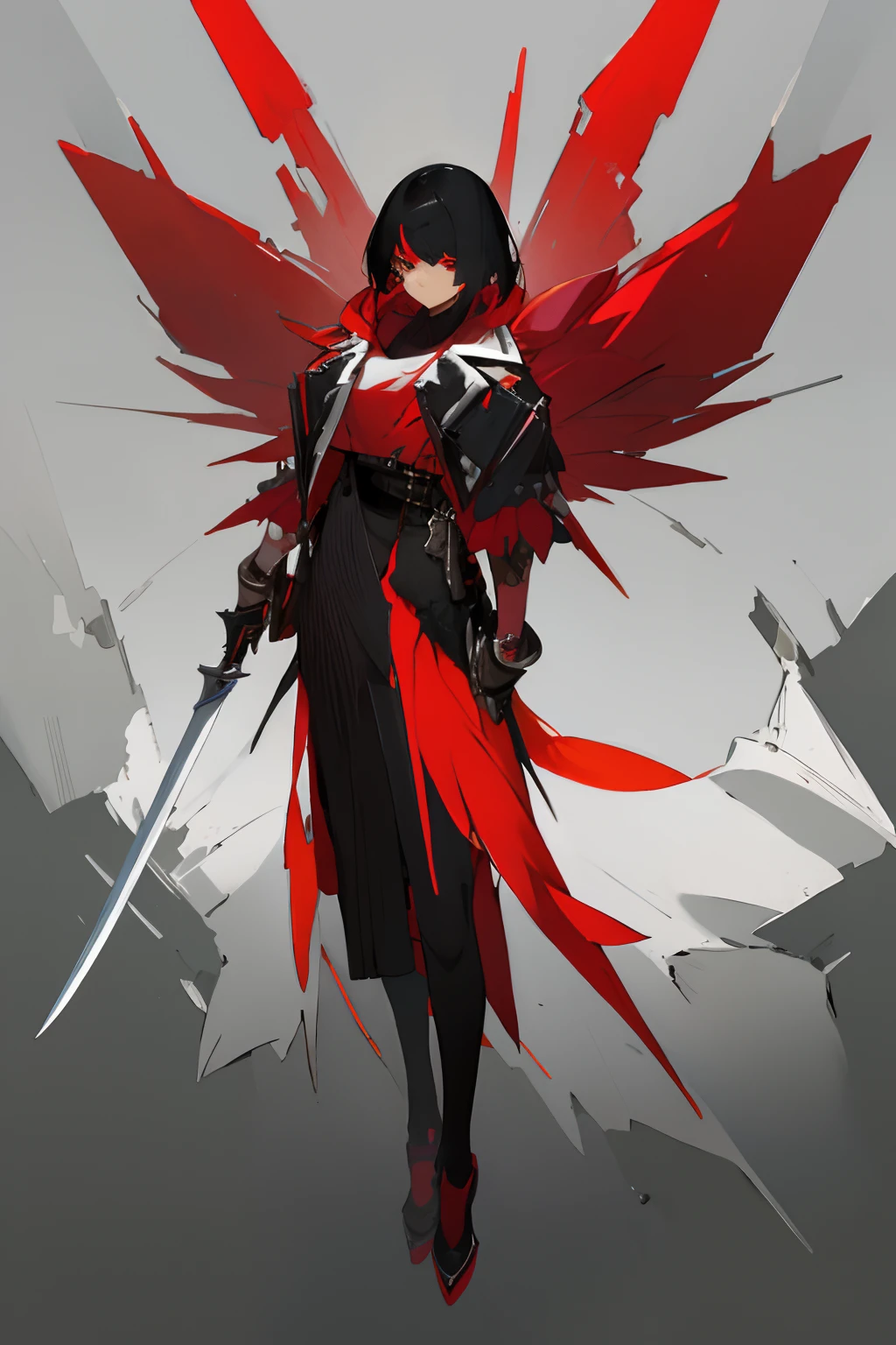 tmasterpiece,top Quority,best qualtiy,Red Heavy Bright Bird,Full body display,Modern clothing,one-girl,Black color hair,Serious eyes,Hold a heavy blade in your hand,Anime character design,pretty anime character design,