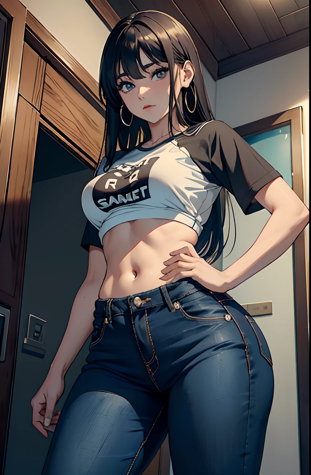 (Hinata Hyuga, muito sensual, com roupas apertadas, bunda grande, pernas grossas, Wearing extremely tight jeans, usando uma mini blusa, umbigo com pirsing, cabelo grande, Speaker behind, muito realista, extremamente sexy, 8k, 8k extremamente detalhado), (um extremamente delicado e bonito), (obra-prima), (melhor qualidade: 1.0), (ultra highres:1.0)