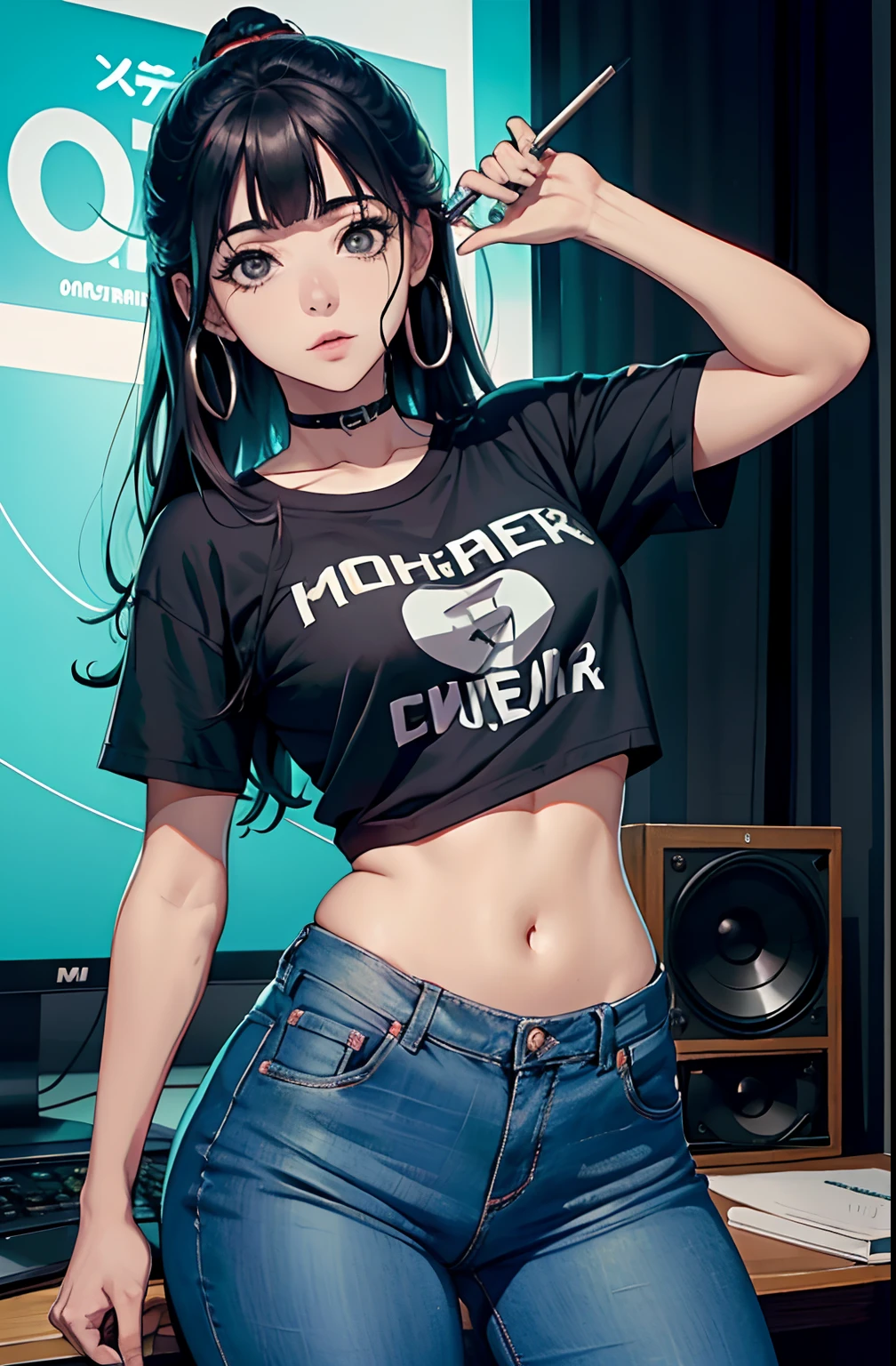 (Hinata Hyuga, muito sensual, com roupas apertadas, bunda grande, pernas grossas, Wearing extremely tight jeans, usando uma mini blusa, umbigo com pirsing, cabelo grande, Speaker behind, muito realista, extremamente sexy, 8k, 8k extremamente detalhado), (um extremamente delicado e bonito), (obra-prima), (melhor qualidade: 1.0), (ultra highres:1.0)
