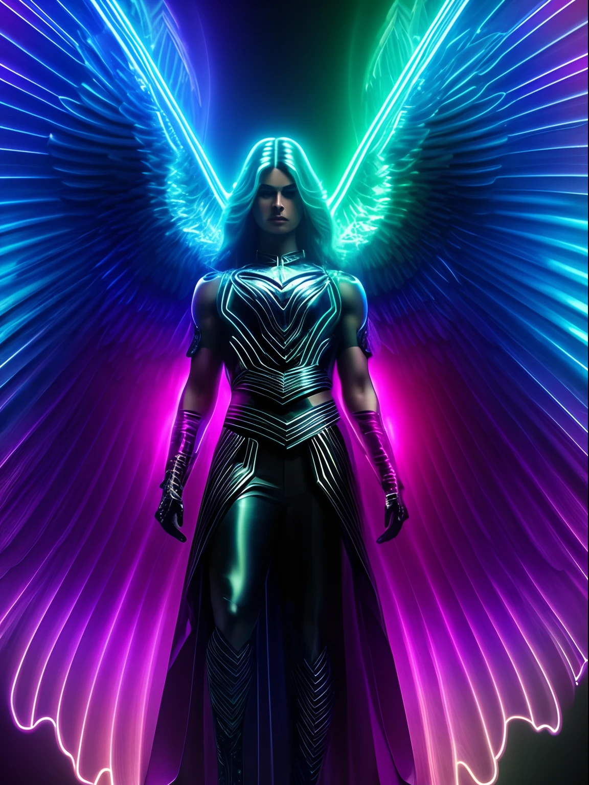 Neon fractal hologram of an archangel, lawrencium lights, dynamic action poses