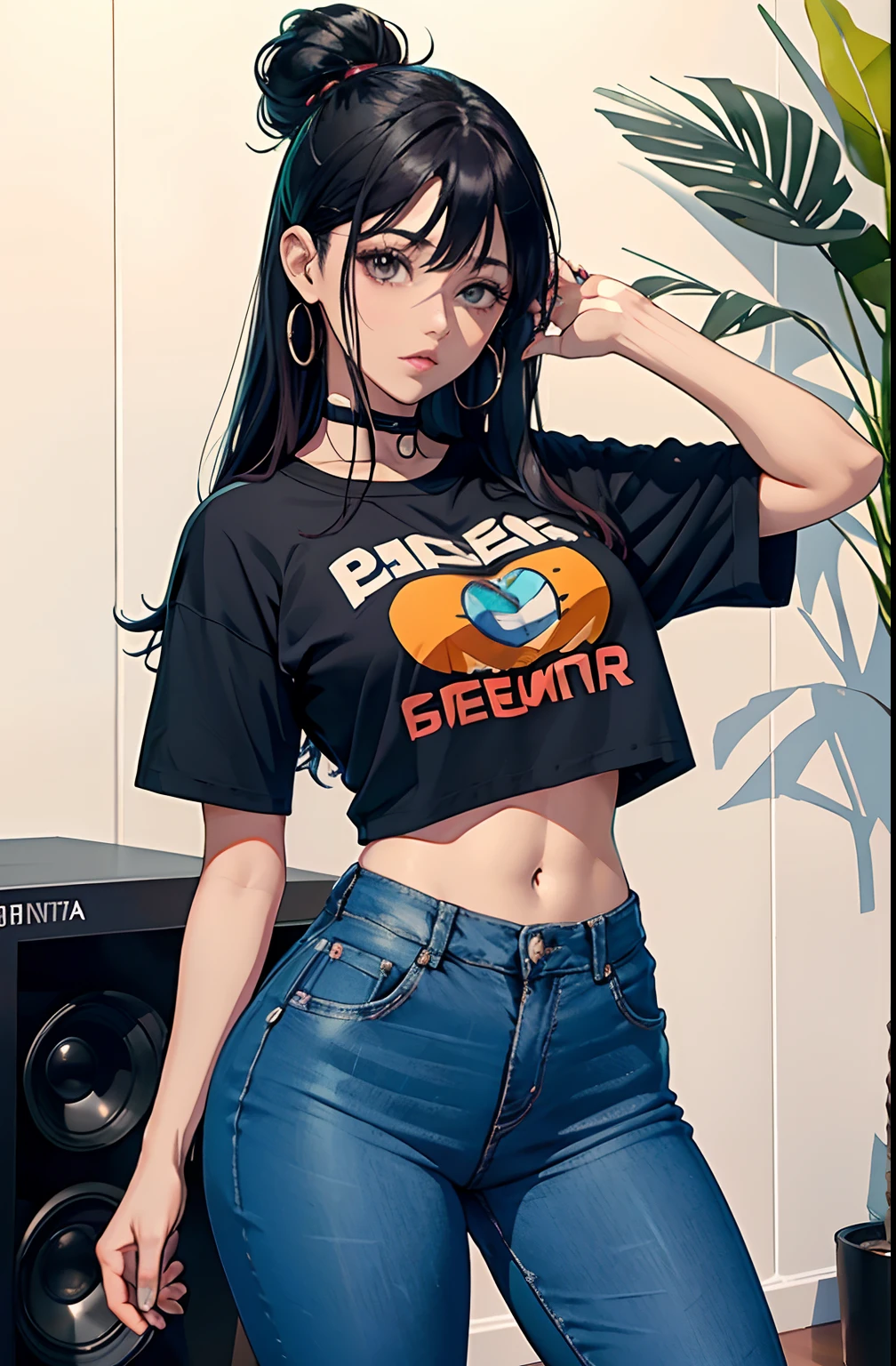(Hinata Hyuga, muito sensual, com roupas apertadas, bunda grande, pernas grossas, Wearing extremely tight jeans, usando uma mini blusa, umbigo com pirsing, cabelo grande, Speaker behind, muito realista, extremamente sexy, 8k, 8k extremamente detalhado), (um extremamente delicado e bonito), (obra-prima), (melhor qualidade: 1.0), (ultra highres:1.0)