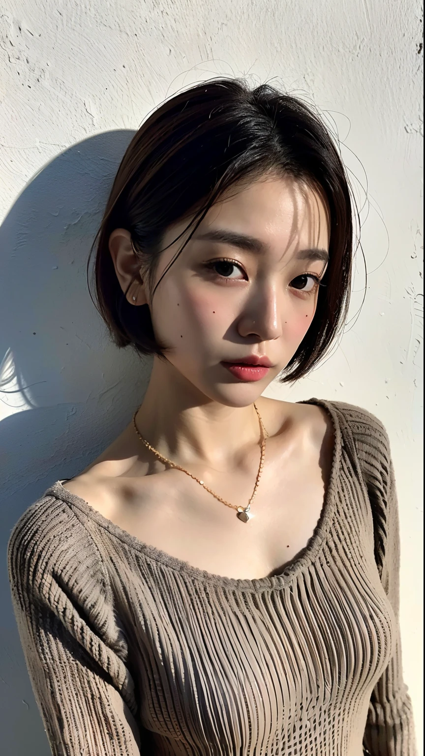 (Best quality, 8k, 32k, Masterpiece, UHD:1.2),Photo of Pretty Japanese woman, large breasts, very short bob hair,upper body,face focus,oversized_sweater, necklace, simple background, from above, looking at viewer,