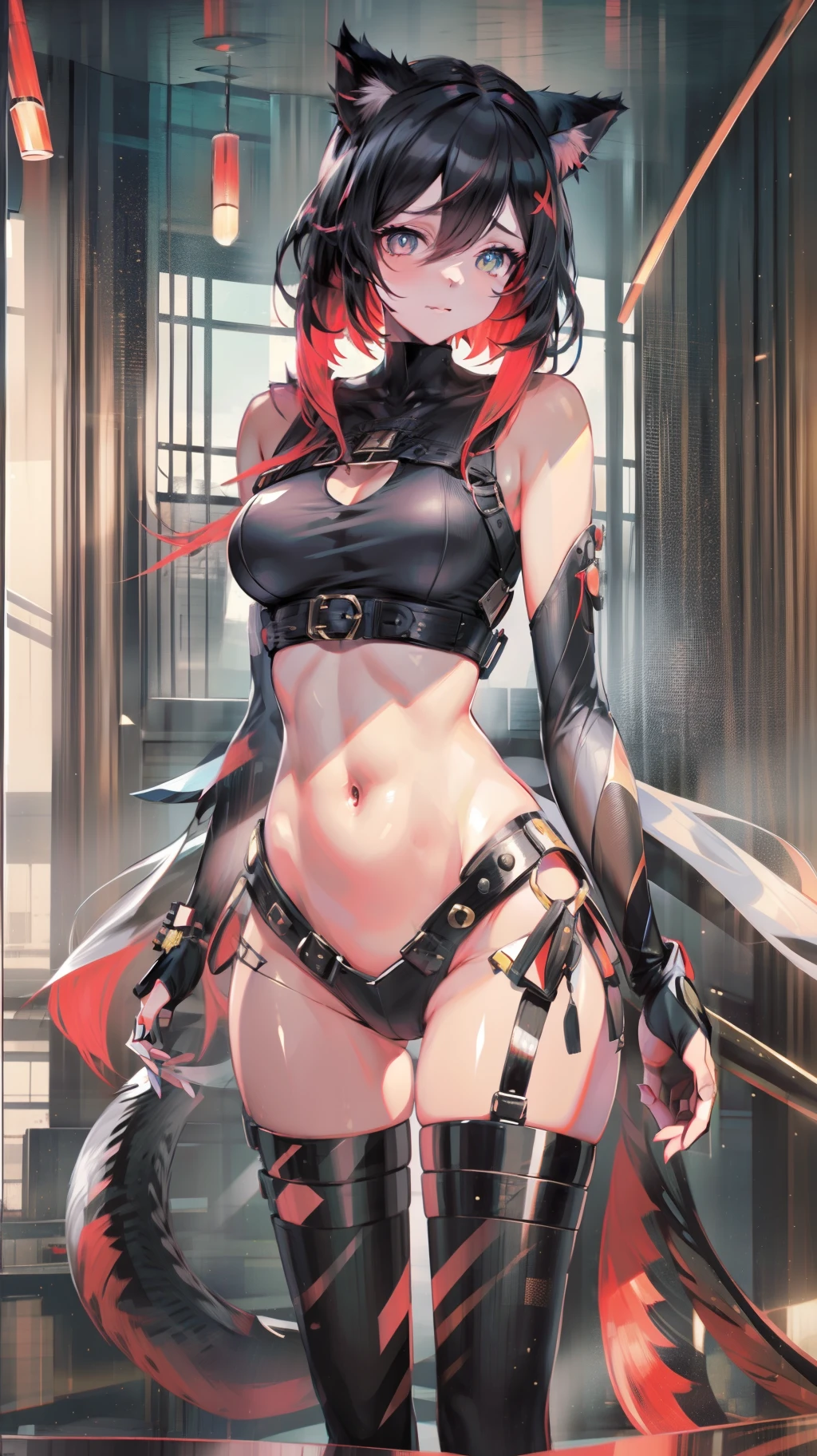 flatchest，whaite hair，Red left eye，The right eye is golden，cat ear，Cat tail，slim，short-length straighthair，dishiveredhair，cowboy shot, full body, masterpiece, high details, high quality, textured skin, award winning, best quality, highres, 8k, masterpiece