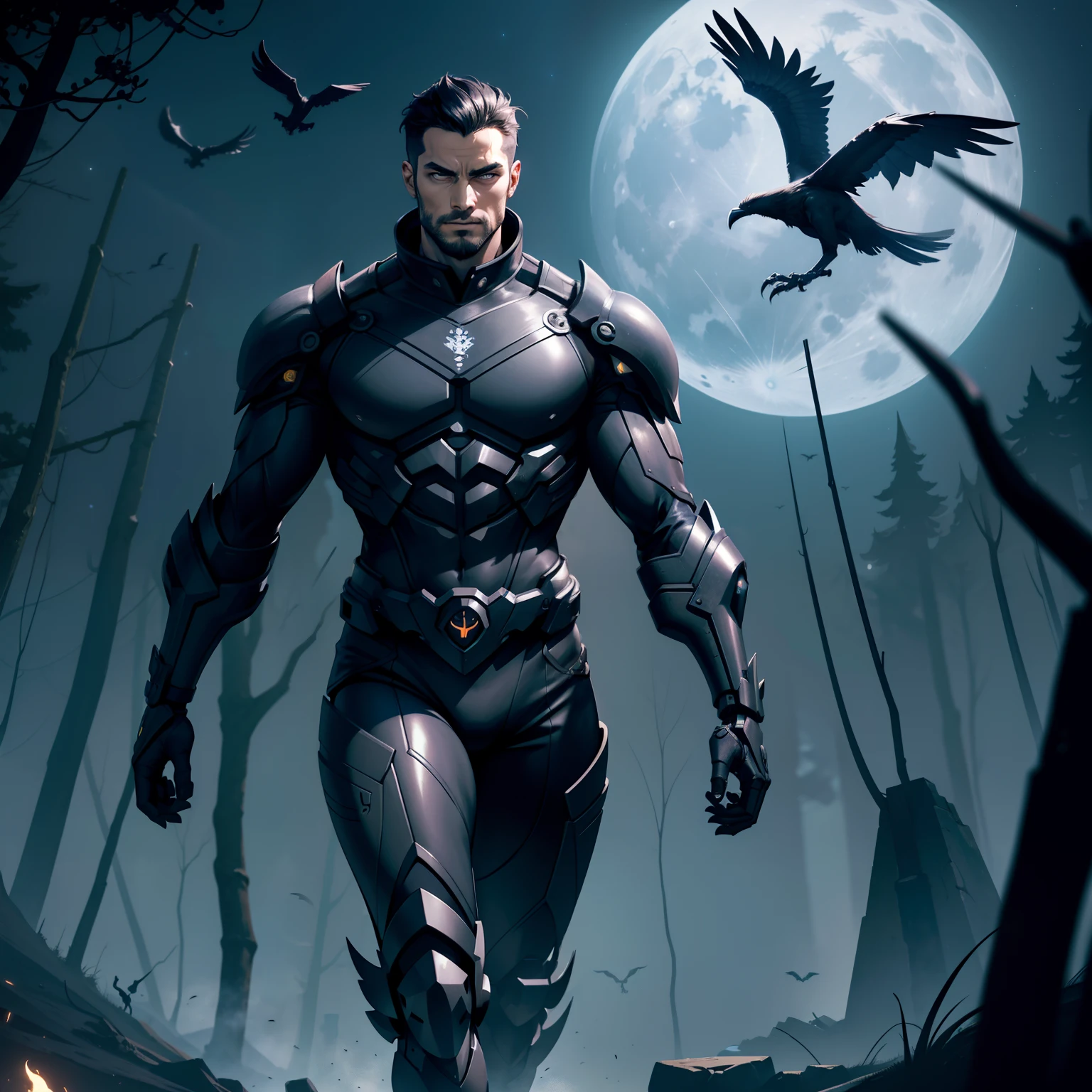 A mechanical creature combining crows and humans，Strong male body，Exterior and black，The background is the night sky and the full moon，Deep in the forest。