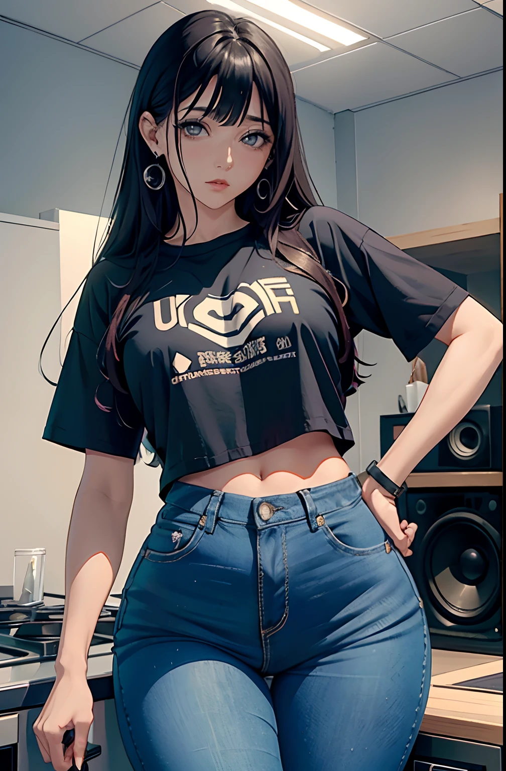 (Hinata Hyuga, muito sensual, com roupas apertadas, bunda grande, pernas grossas, Wearing extremely tight jeans, usando uma mini blusa, umbigo com pirsing, cabelo grande, Speaker behind, muito realista, extremamente sexy, 8k, 8k extremamente detalhado), (um extremamente delicado e bonito), (obra-prima), (melhor qualidade: 1.0), (ultra highres:1.0)