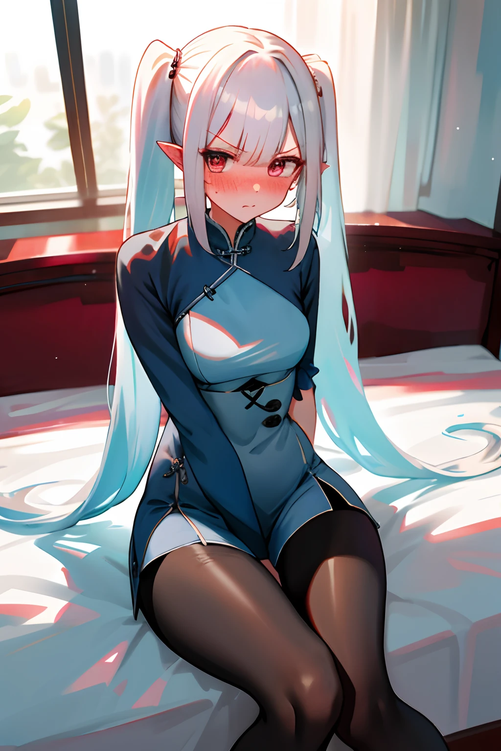 One girl with long twintail hair, white hair, looking at viewer, embarrassed, blushing, indoor , tight chinese dress, thigh, pointy ears, perfect waist, pantyhose, bed, sit on, spread legs