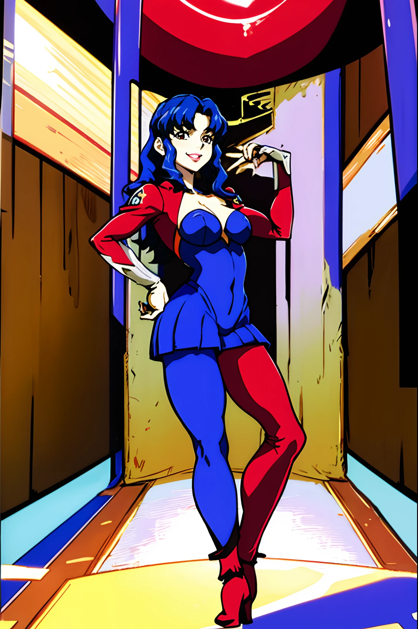 leotard, calm facial exprecion, blue hair, red eye, leotard, big shoulders, sleeves, medium breast, boots, long hair, skirt, smile, half lips stic inferion lip, red lipstic, long hair, messy hair, smile, ong hair, standing solo, full body, boots,, body suit, mini skirt