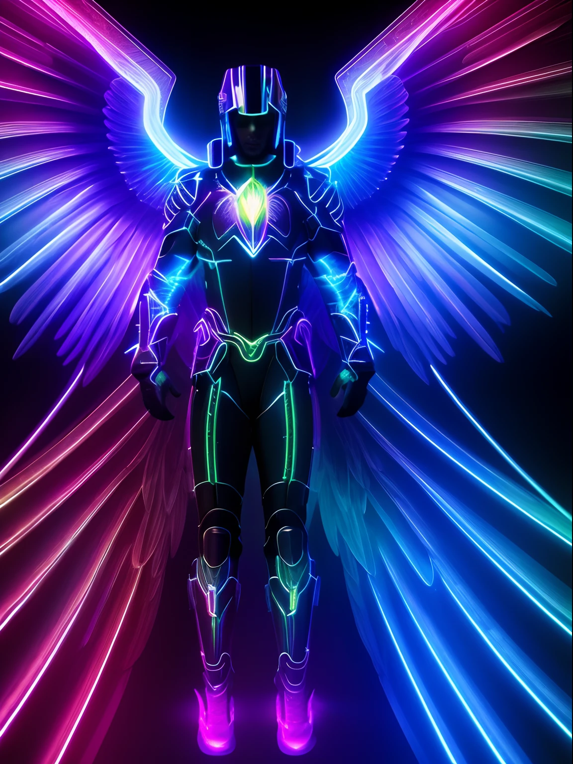 Neon fractal hologram of an archangel, lawrencium lights, dynamic action poses