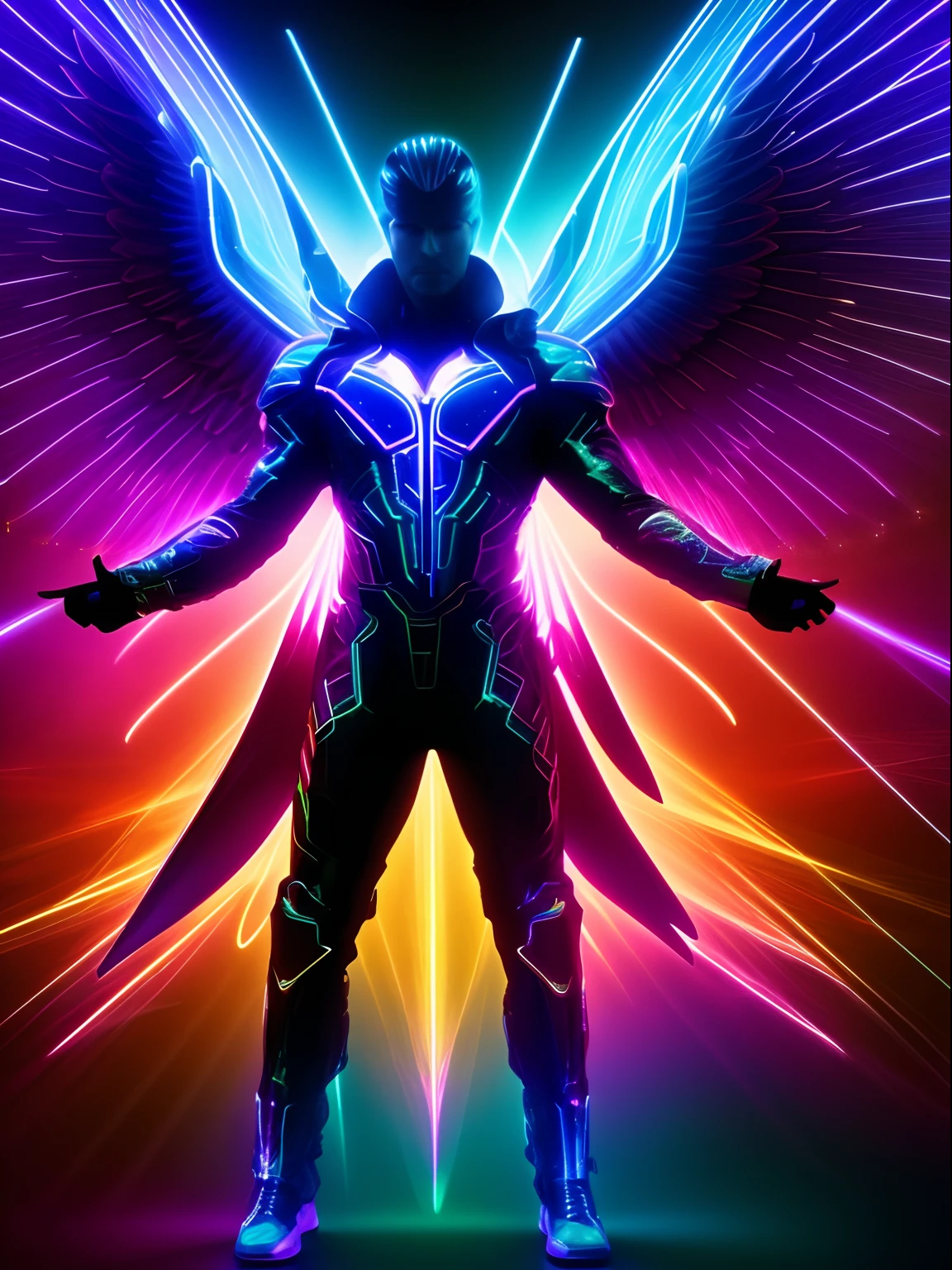 Neon fractal hologram of an archangel, lawrencium lights, dynamic action poses