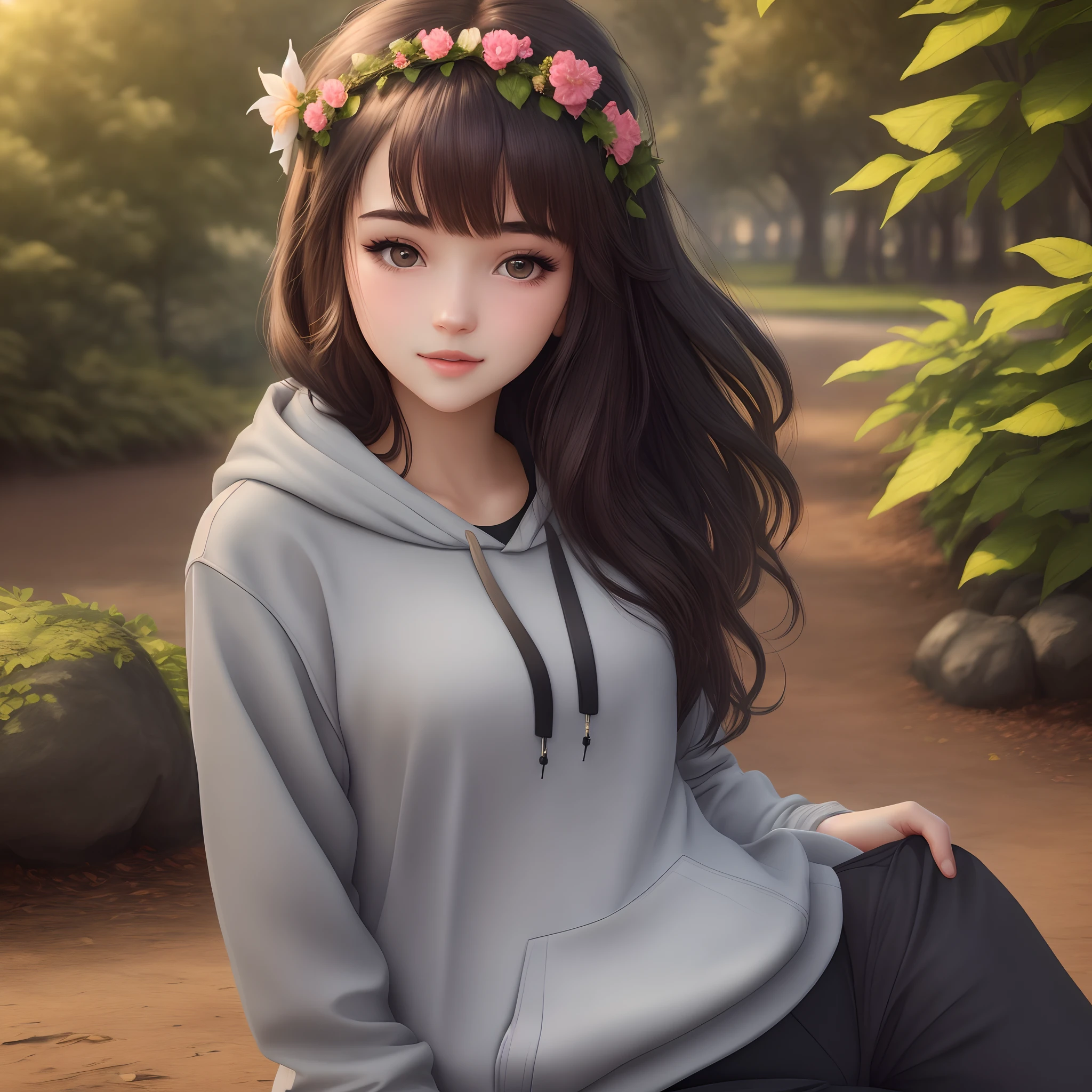 Beautiful girl, realistic, cute girl, shy, 18 year old girl, close up, long hair, bangs covering left eye, dark brown hair, leaf crown on head, black hoodie, gray pants, holding a flower, full body, in a park, 4k, 8k