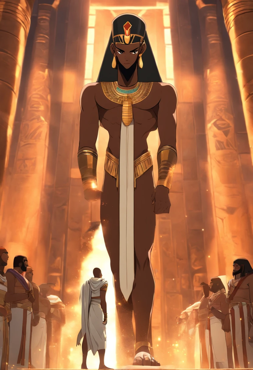 (((Black man erect penis))) best quality, very high resolution, 4K detailed CG, masterpiece, Egyptian mythology,Min,Egyptian tomb, Ancient Egypt, standing pose, white clothes, Egyptian clothes, Egyptian temple, desert, Ancient Egypt, ((flail in hand)), Egyptian palace, aesthetics, beautiful image, centered on screen, standing pose