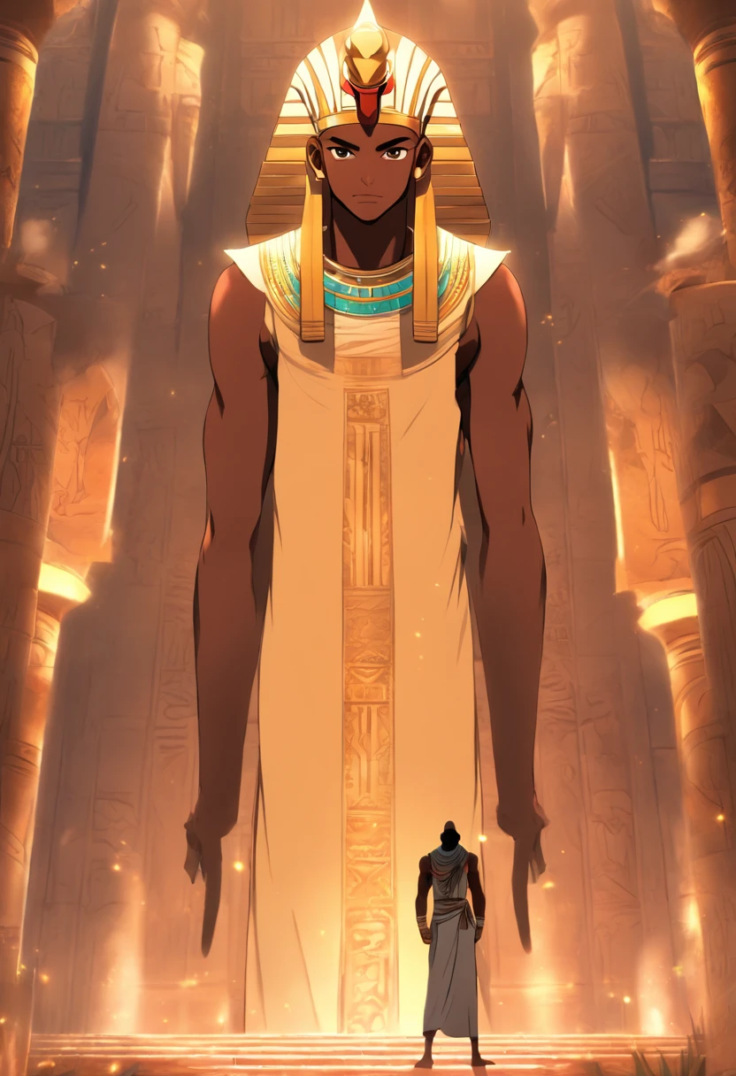 (((Black man erect penis))) best quality, very high resolution, 4K detailed CG, masterpiece, Egyptian mythology,Min,Egyptian tomb, Ancient Egypt, standing pose, white clothes, Egyptian clothes, Egyptian temple, desert, Ancient Egypt, ((flail in hand)), Egyptian palace, aesthetics, beautiful image, centered on screen, standing pose