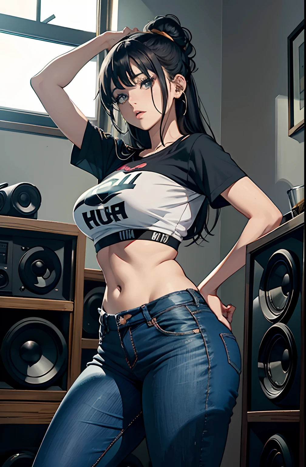 (Hinata Hyuuga, muito sensual, com roupas apertadas, bunda grande, pernas grossas, Vestindo jeans extremamente apertado, usando uma mini blusa, umbigo com pirsing, cabelo grande, Speaker behind, muito realista, extremamente sexy, 8k, 8k extremamente detalhado), (um extremamente delicado e bonito), (obra-prima), (melhor qualidade: 1.0), (Ultra-alta:1.0)