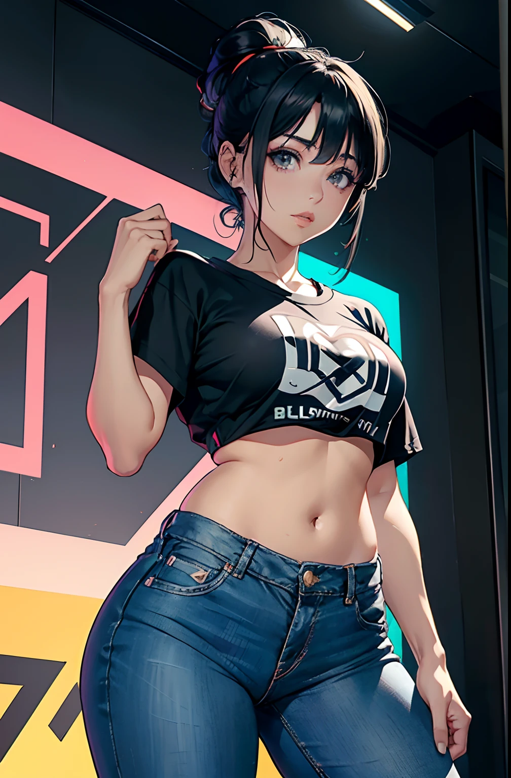 (Hinata Hyuga, muito sensual, com roupas apertadas, bunda grande, pernas grossas, Wearing extremely tight jeans, usando uma mini blusa, umbigo com pirsing, cabelo grande, Speaker behind, muito realista, extremamente sexy, 8k, 8k extremamente detalhado), (um extremamente delicado e bonito), (obra-prima), (melhor qualidade: 1.0), (ultra highres:1.0)