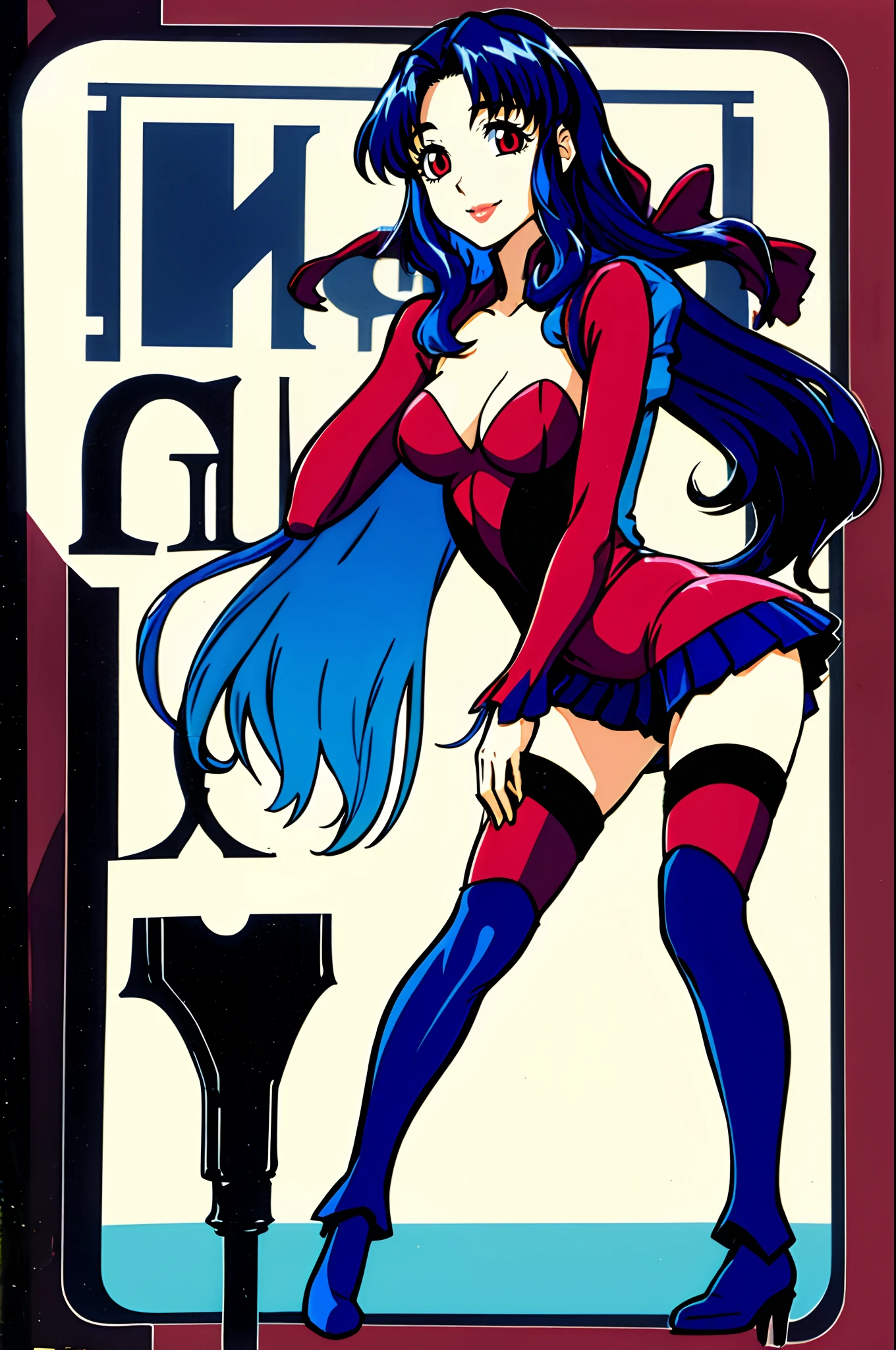 leotard, calm facial exprecion, blue hair, red eye, leotard, big shoulders, sleeves, medium breast, boots, long hair, skirt, smile, half lips stic inferion lip, red lipstic, long hair, messy hair, smile, ong hair, standing solo, full body, boots,, body suit, mini skirt