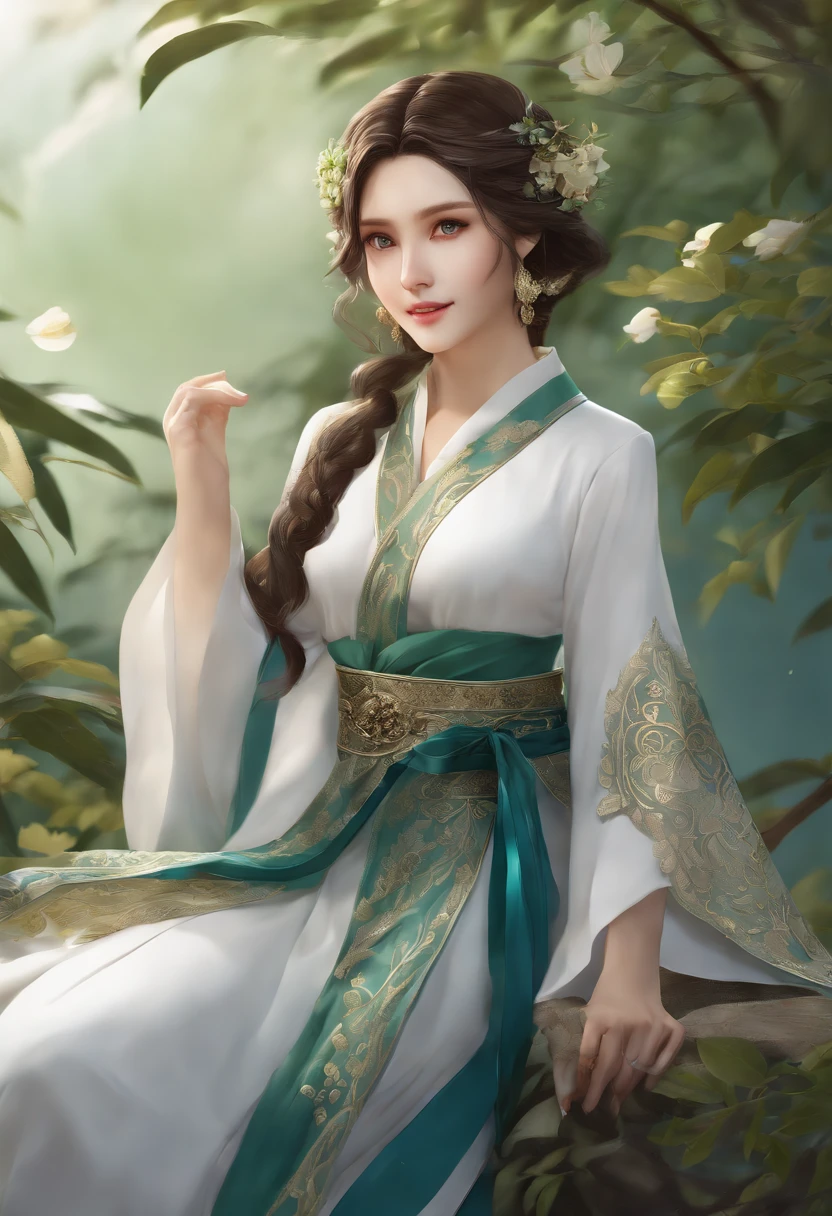 manhwa full body portrait of The Secret of Angel (True Beauty) manhwa , woman , dark brown hair, smiling, flying, olive wreath ,Traditional Thai costume blue green colors , 3D rendering, high quality, realistic, yaongyi style